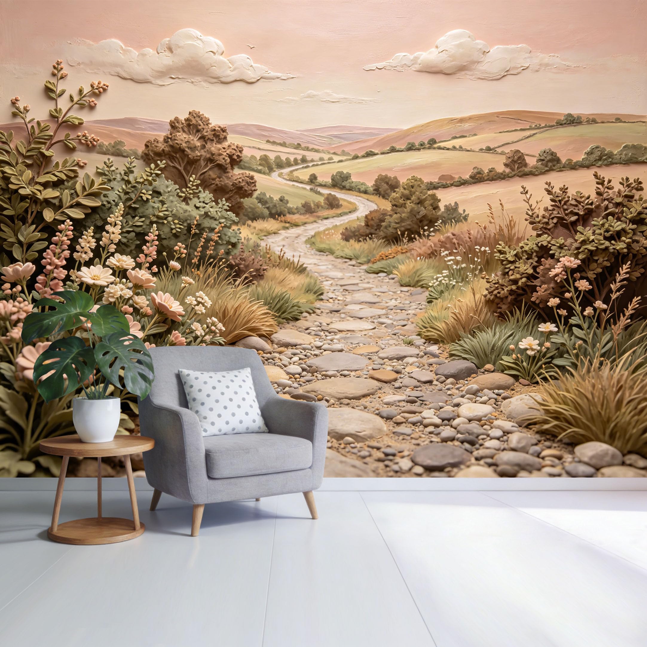 Custom Size Wall Mural Pastel Countryside Landscape Path Floral Meadow Sunset View SelfAdhesive Wall Fabric Removable Wallpaper for Home Office Decor