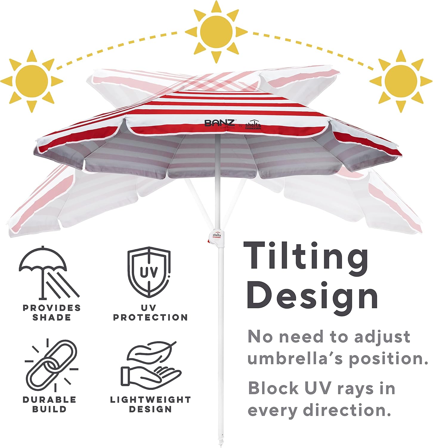 BANZ Cabana Beach Umbrella UPF 50 - UV Protection Foil-Lined Portable Outdoor Umbrella for Sand with Screw-in Base & Tilt Pole - Lightweight Beach Shade & Patio Umbrella with Bag