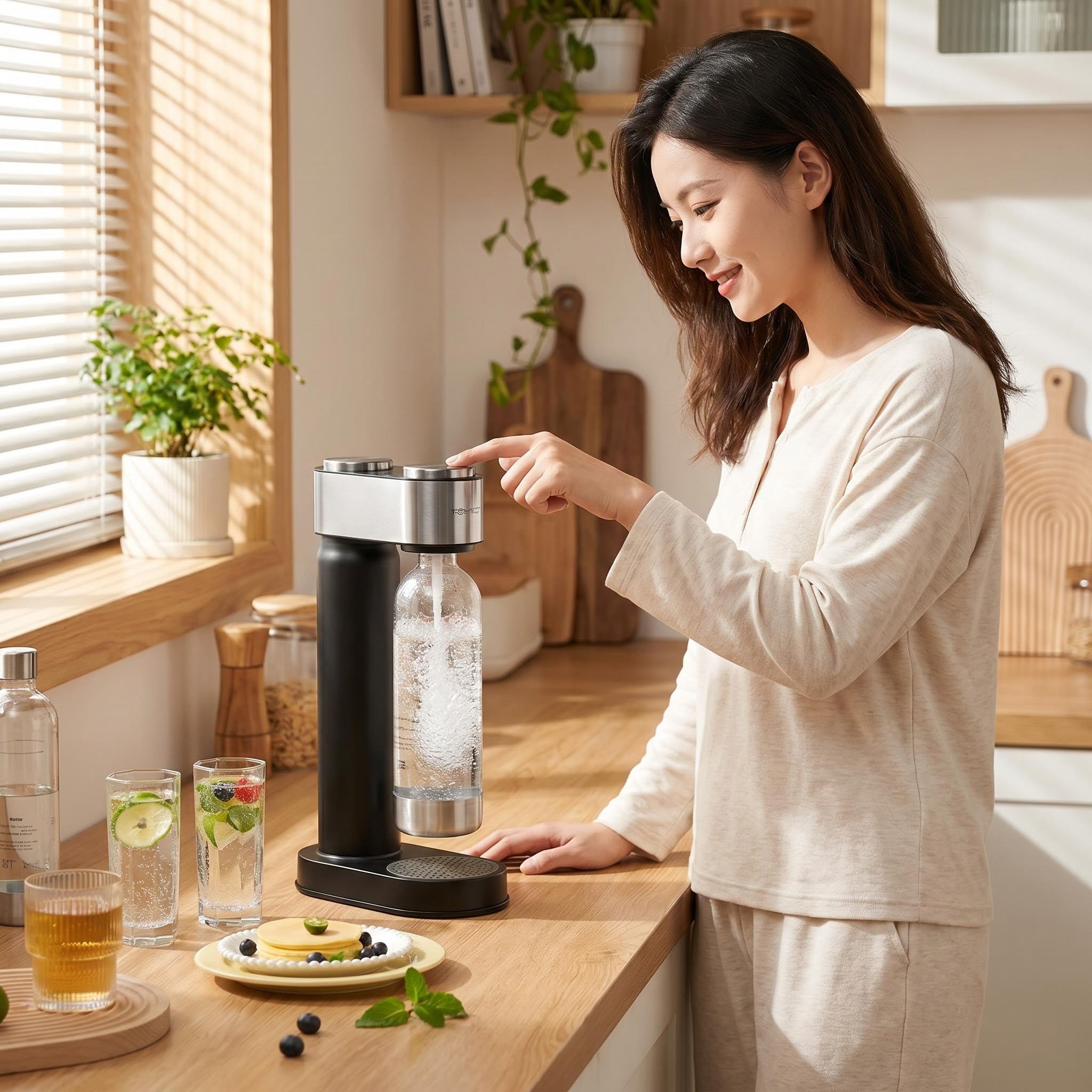 Máquina de agua con gas de 1 litro, máquina de soda de carbonatación de un solo toque con botella de PET a prueba de fugas y cilindro de CO2 para la cocina del hogar (un juego)