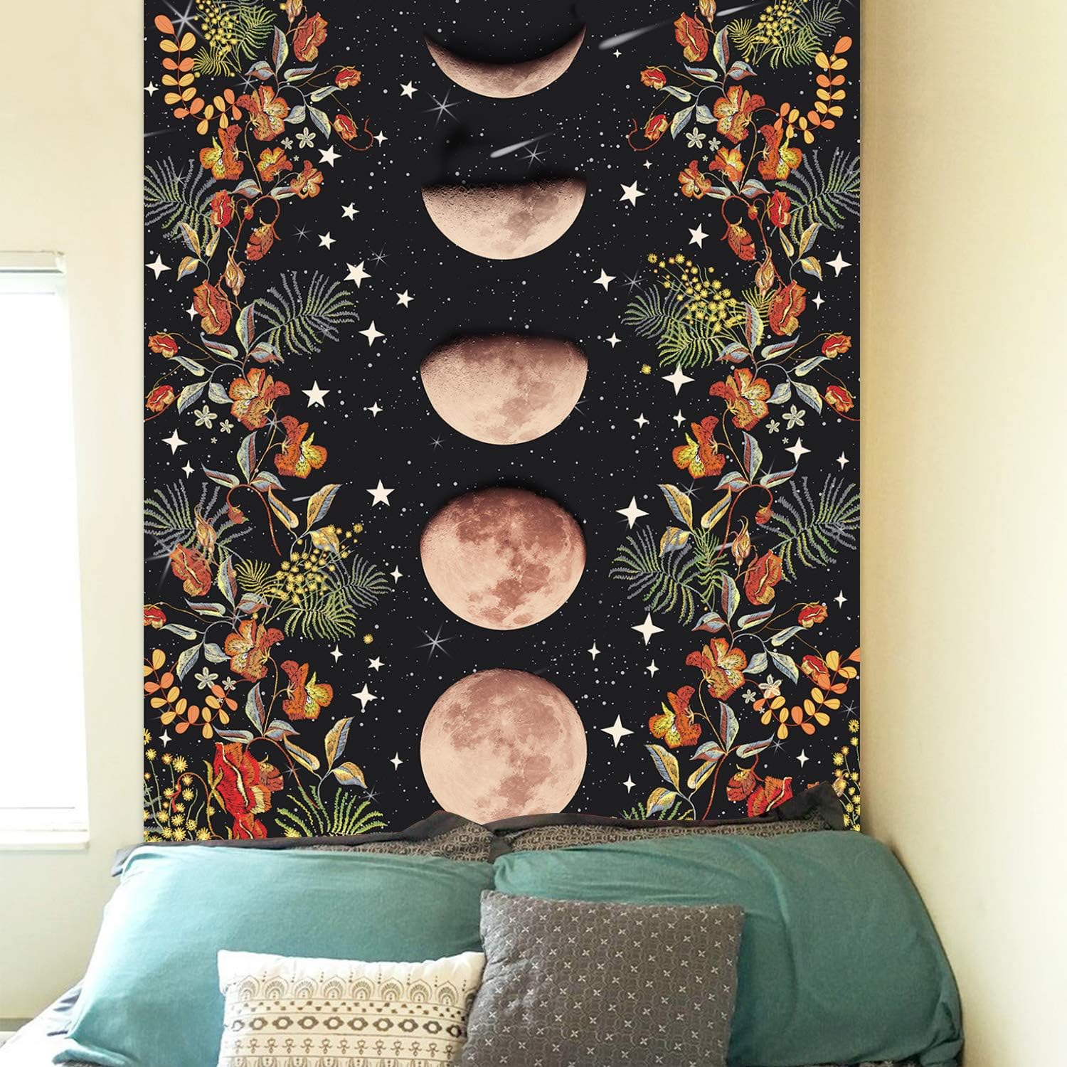 Moonlit Garden Tapestry, Moon Phase Tapestries Flower Vine Tapestry Black Background Floral Tapestry Wall Hanging for Room(51.2 x 59.1 inches) : Home & Kitchen