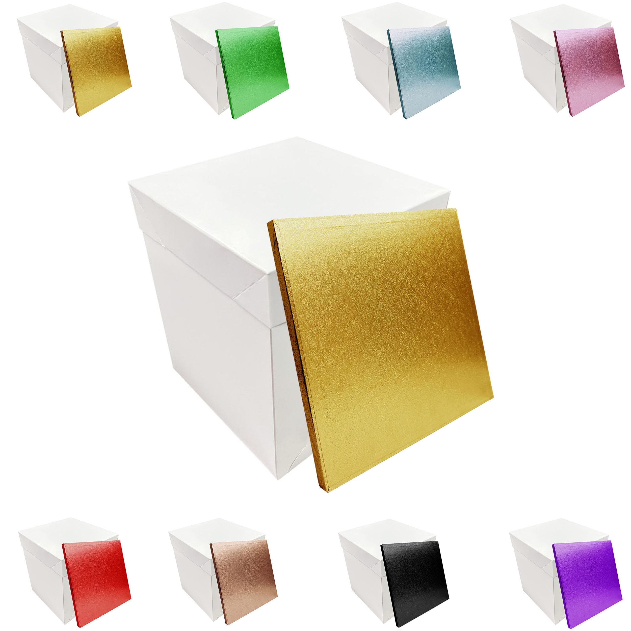 LARRYROO Tall White Extra Deep Cake Box + Lid & Square Colour Cake Drum Board Combo Pack for High Celebration, Wedding, Birthday Cakes (Gold, 14 Inch)