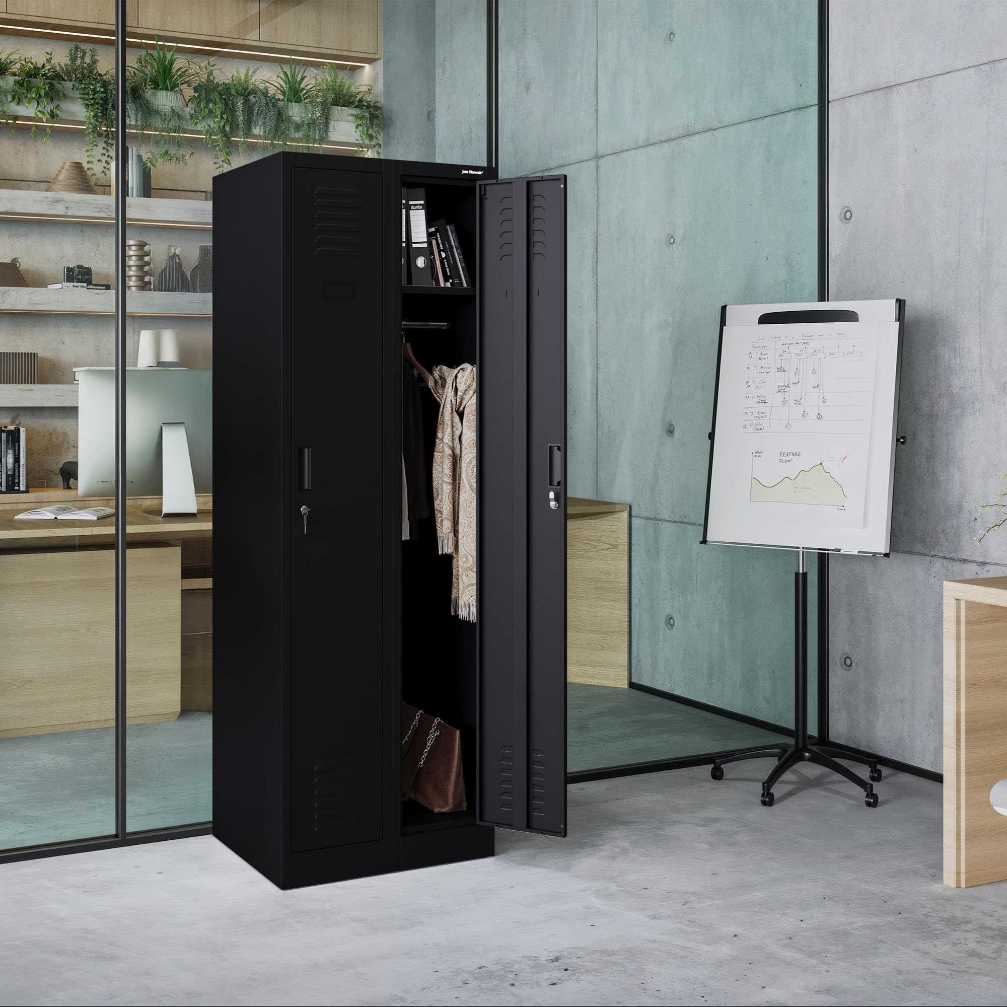 Jan Nowak Armoire Vestiaire Metallique 2B1AS Casier en Métal 2 Compartiments cloison Revêtement en Poudre 180 cm x 60 cm x 50 cm Noir