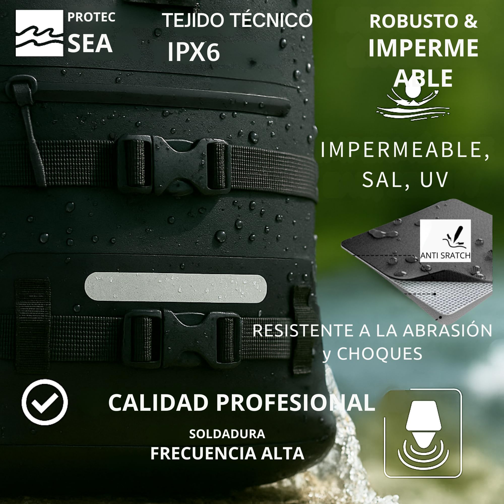 Bolsa de senderismo para mochila y bolsa impermeable | Cremallera de zinc anticorrosión impermeable | Volumen ajustable 20L a 40L | Cómodo transporte | Fijaciones Molle | Bolsillos