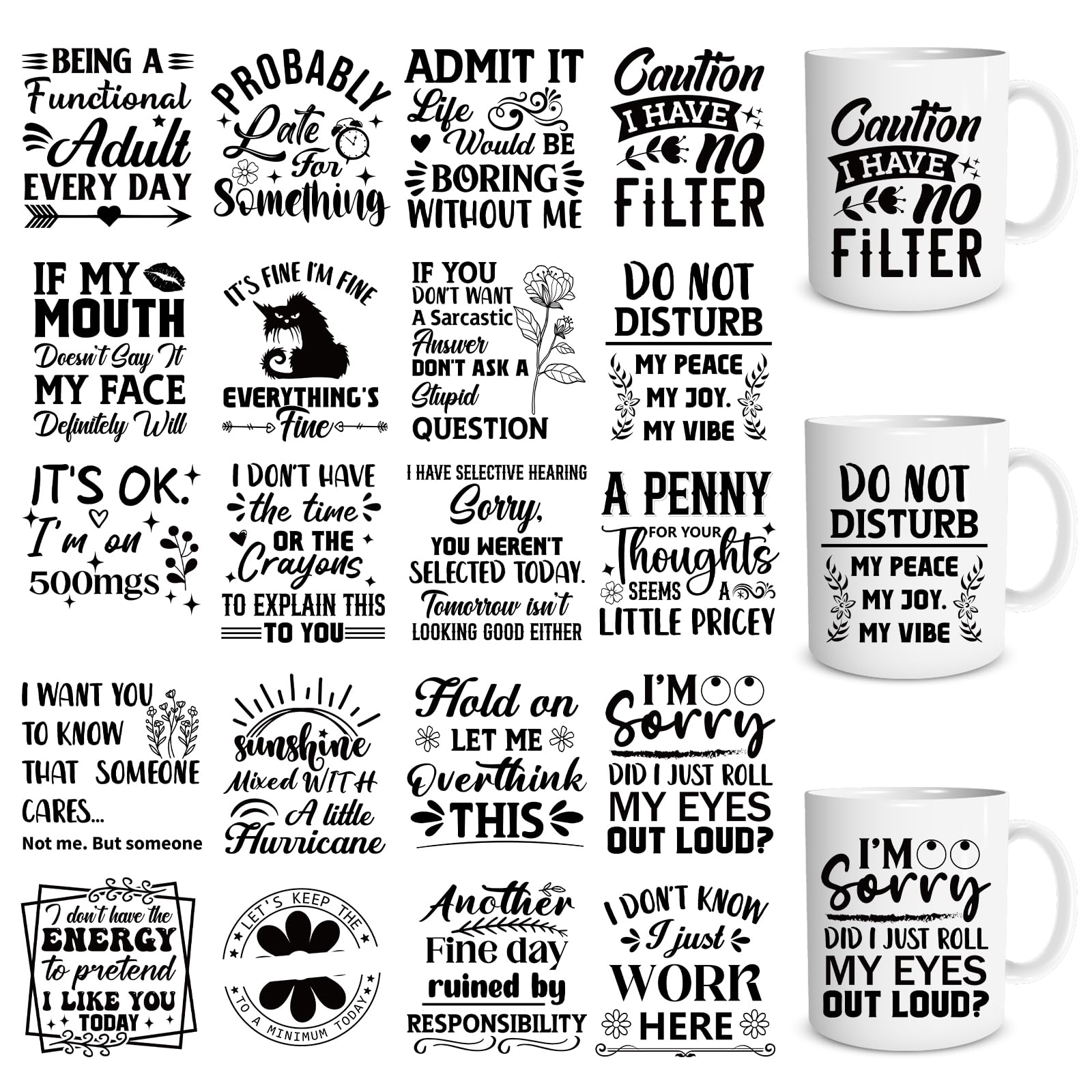 UV DTF Cup Wrap - 20 Sheets Sarcastic UV DTF Cup Wraps for 16 OZ Black Funny Humorous UVDTF Cup Wraps Waterproof UV DTF Wraps Personalized UV DTF Decals for Glass Cups Mug Tumbler DIY Crafts