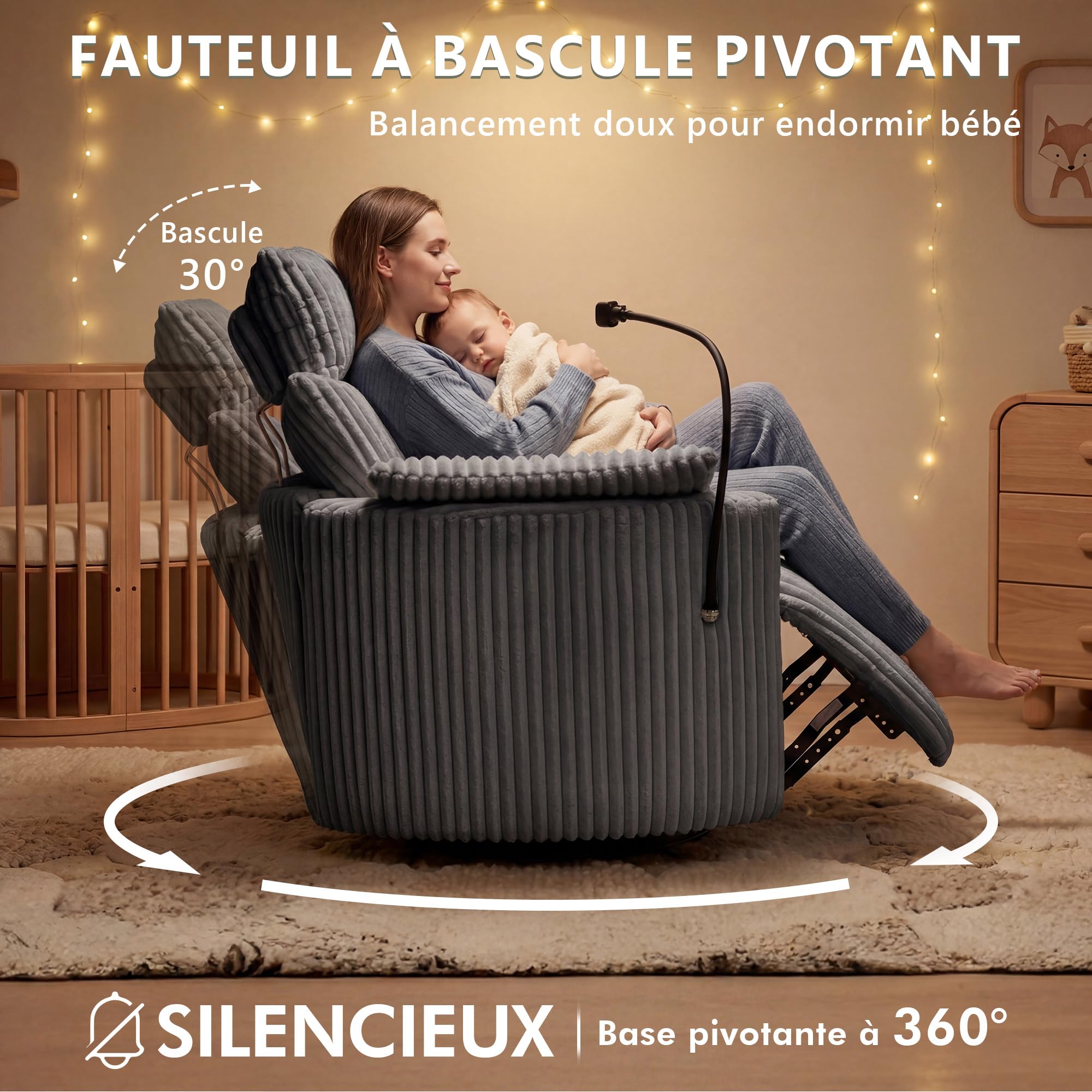 DEKKETO Fauteuil Relax Pivotant 360°, Inclinable & Basculant, Gris | Manuel, Velours Côtelé, Zéro Gravité, Support Téléphone, Dossier Réglable, Appuie-tête, pour Salon, Chambre Bébé, Home Cinéma