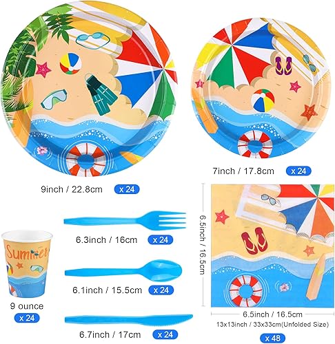 Miniatura 2 de ADXCO Juego de vajilla de verano de 192 piezas para fiesta en la piscina, incluye platos, servilletas, vasos, tenedores, cuchillos, cucharas para