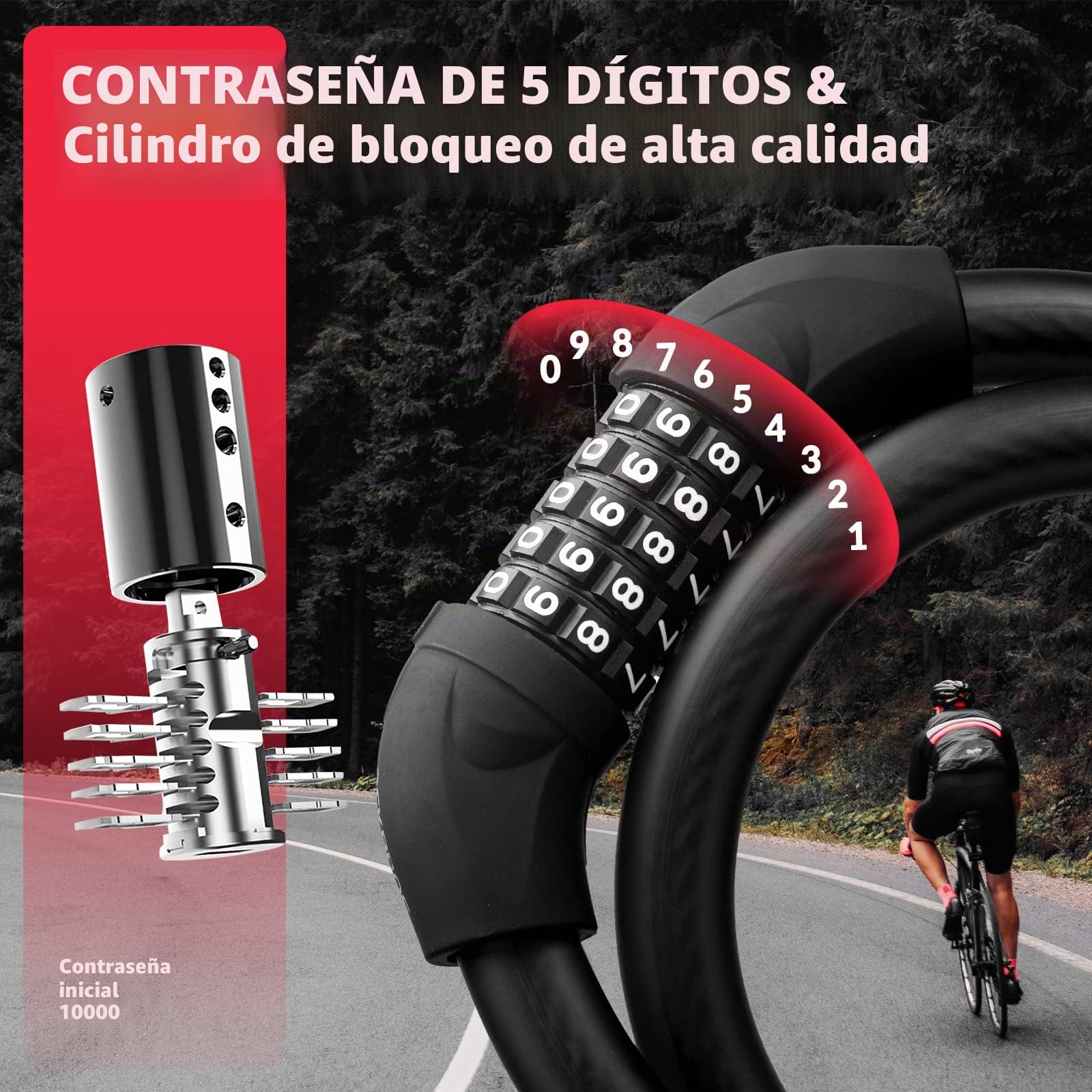 ROCKBROS Candado Combinación Bicicleta con Cable de Acero Flexible 1,2m Alta Seguridad, Candado de Cable Largo 5 Dígitos Antirrobo para MTB Scooter Motocicleta
