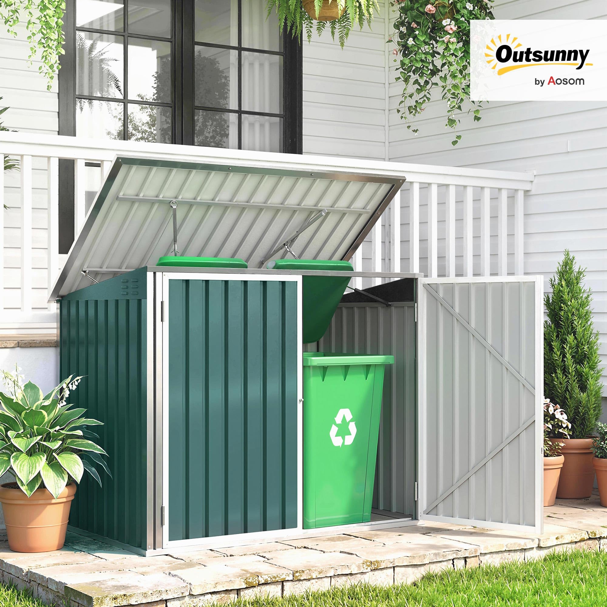 Outsunny Cache Poubelle Double Acier Galvanisé pour 2 Poubelles de 240L - Abri de Jardin avec Couvercle Lié par Chaînes, Vérins à Gaz et Portes Verrouillables - Coffre de Jardin 179,5x108x129,5cm Vert