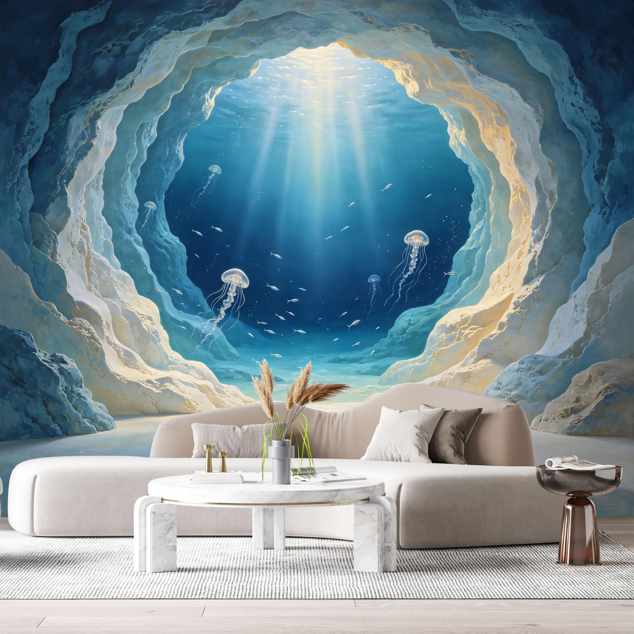 Custom Size Wall Murals Underwater Cave Marine Jellyfish 3D Trompe L'Oeil SelfAdhesiveWall Fabric Removable Wallpaper Wall Decor for Living Room Bedroom Bathroom