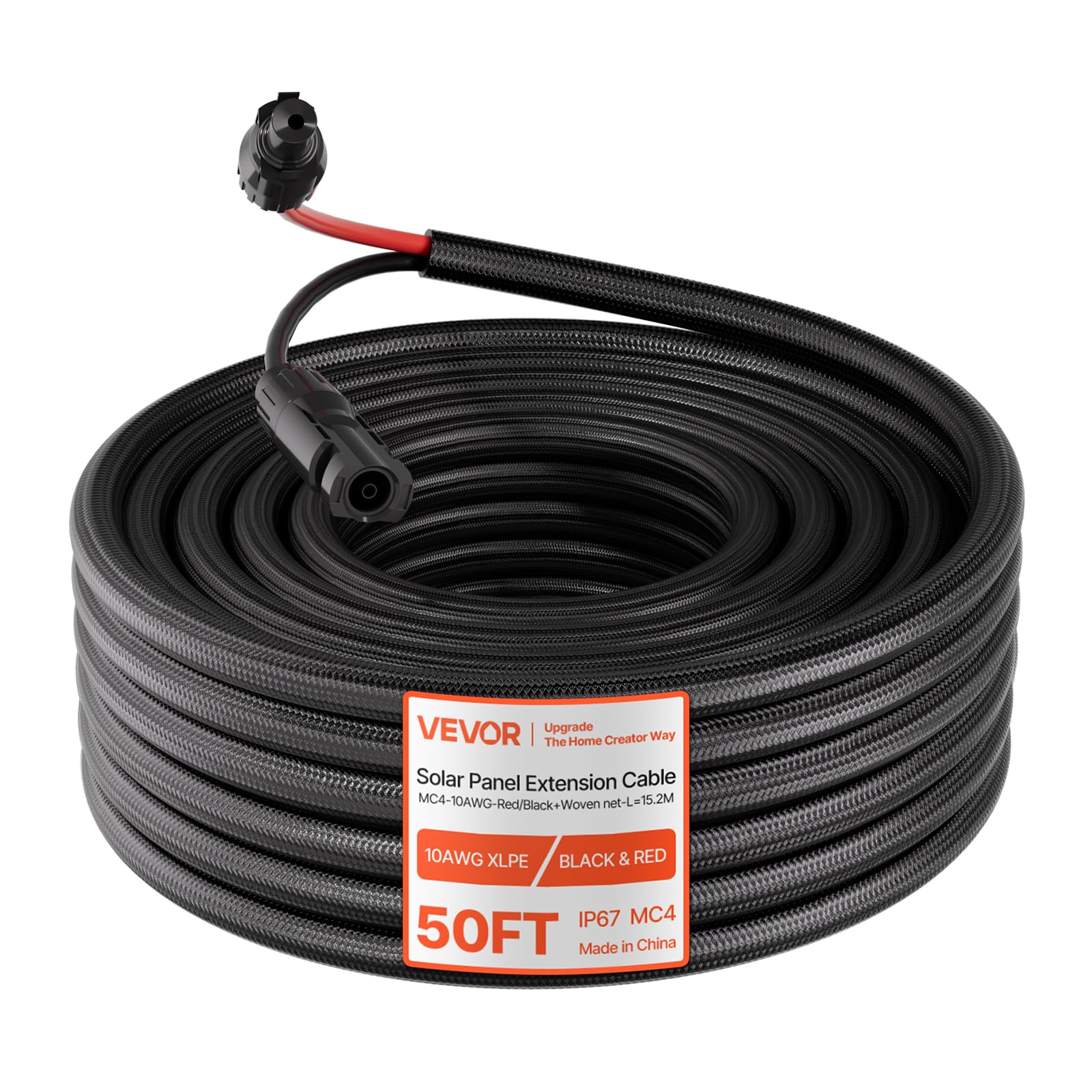 VEVOR Cable Solar 6 mm², Cable de Extensión para Paneles Solares 15,24 m, con Conectores MC4 Hembra y Macho, Funda Ignífuga, IP67 Impermeable, para Instalación Exterior de Fotovoltaicos, Rojo y Negro