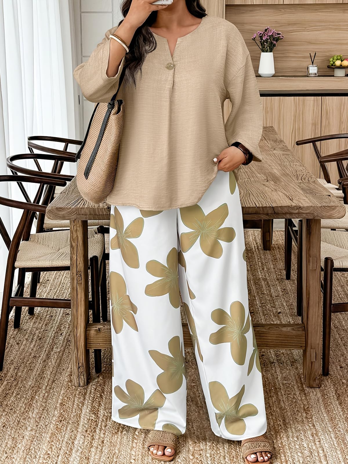 Set da 2 pezzi con top a maniche lunghe e pantaloni a gamba larga con motivo floreale, camicetta tinta unita, pantaloni con stampa a foglie, per brunch casual e da indossare tutti i giorni - 5