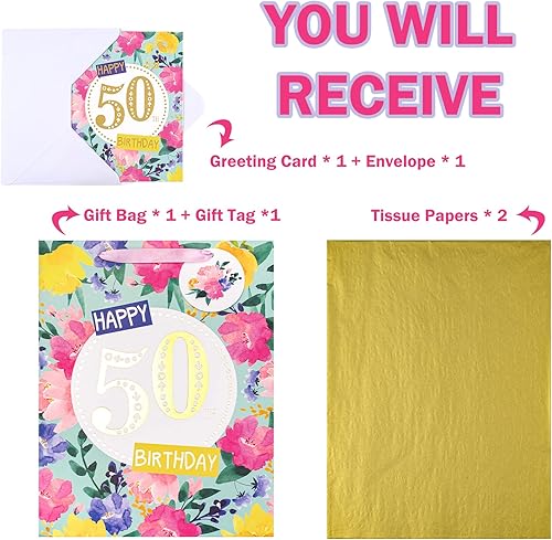 Miniatura 10 de WRAPAHOLIC Bolsa grande de regalo de cumpleaños para mamá de 13 pulgadas con tarjeta y papel de seda, elegante diseño floral con diseño de feliz