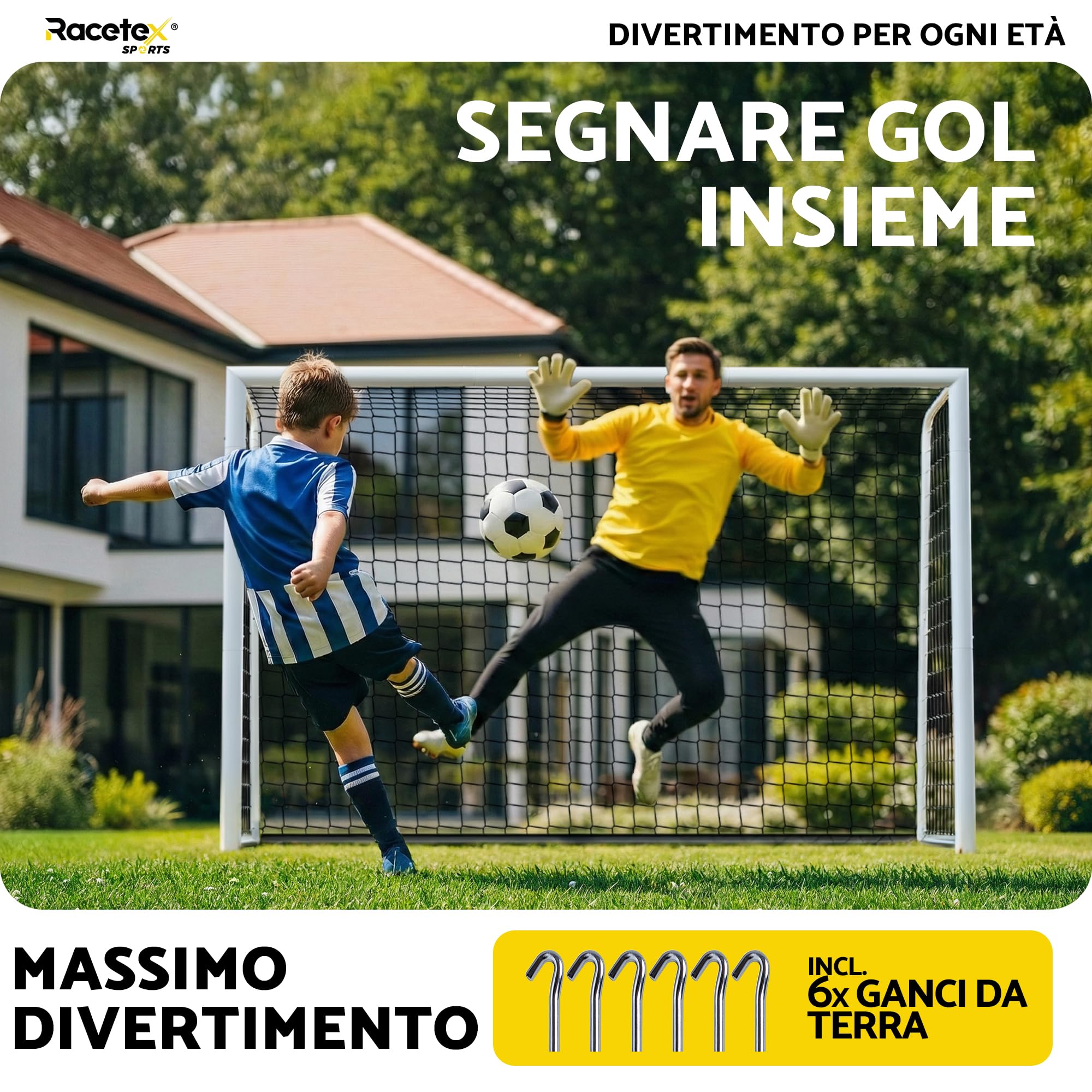 Racetex Porta da calcio per giardino, bambini e adulti [ENORM ROBUST] – Porta da calcio per bambini con robusto telaio in acciaio inox – Porta da calcio con ancoraggio a terra in acciaio inox – La