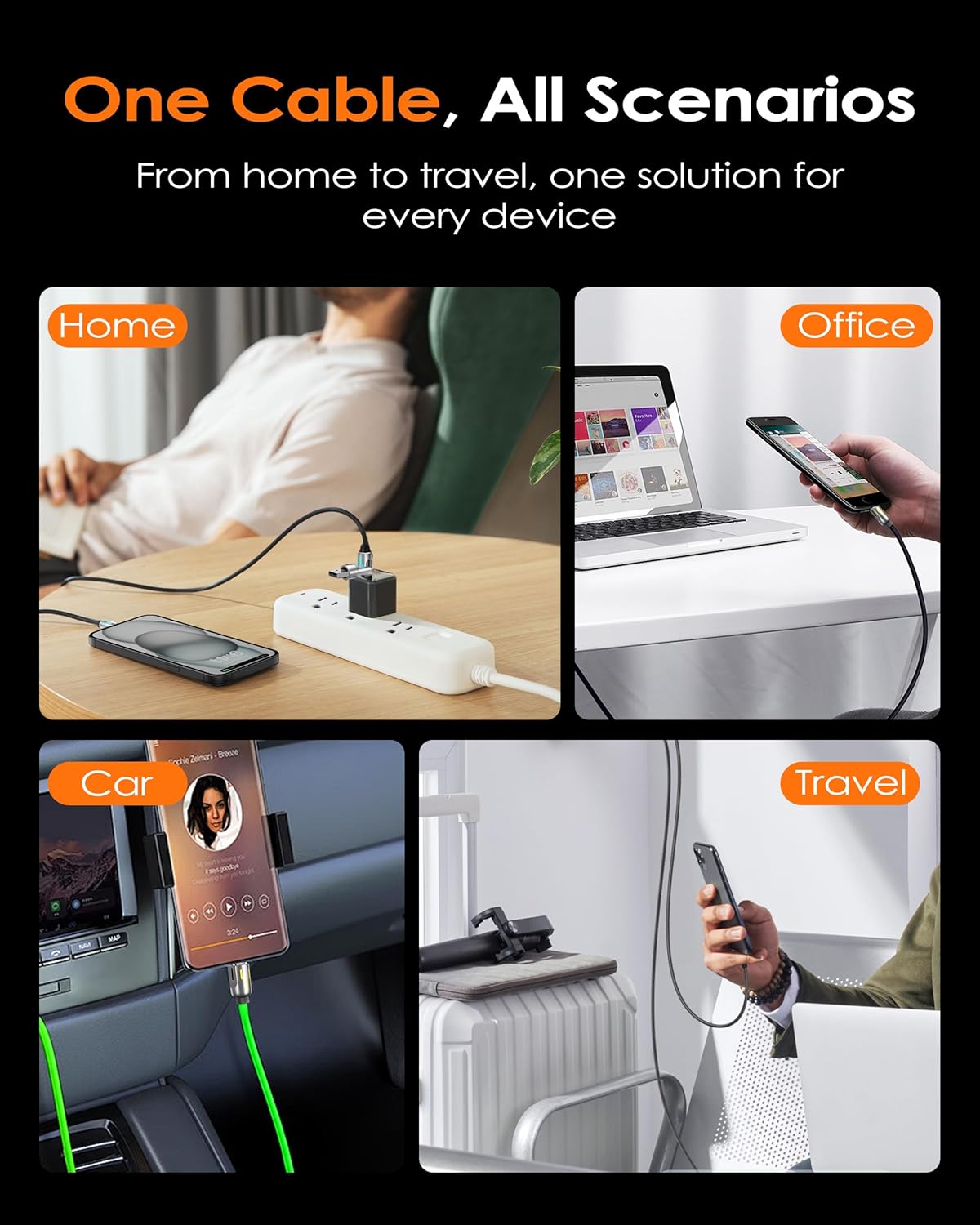 chubbycable OmniChubby - 240W 3-in-1 Ultimate with Dynamic Lights Multi USB C Cable Silicone Fast Charging Cord Compatible with iPhone 17-15 Series, 3.94FT, Black, Type-C+USB-A to Type C - Image 6