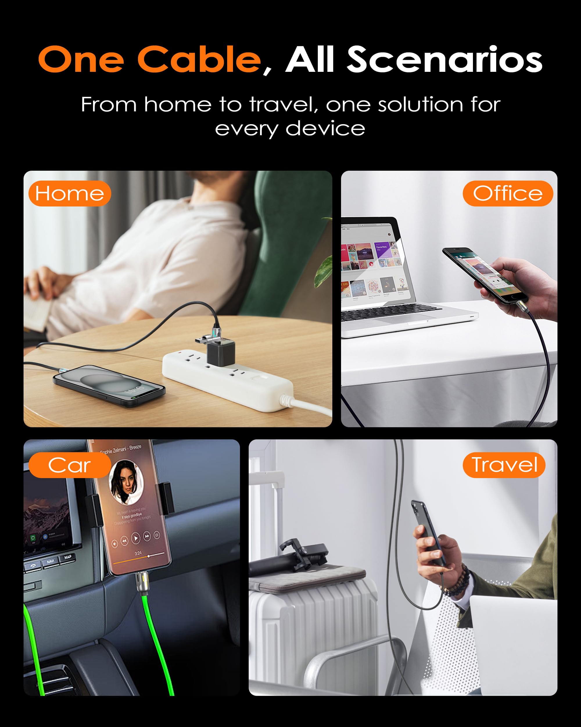 chubbycable GlowCharge Pro - Cavo da auto 3 in 1 da 240 W con luci dinamiche, cavo multi USB C, cavo di ricarica rapida in silicone, 1 m, verde, da tipo C a tipo C + USB-A