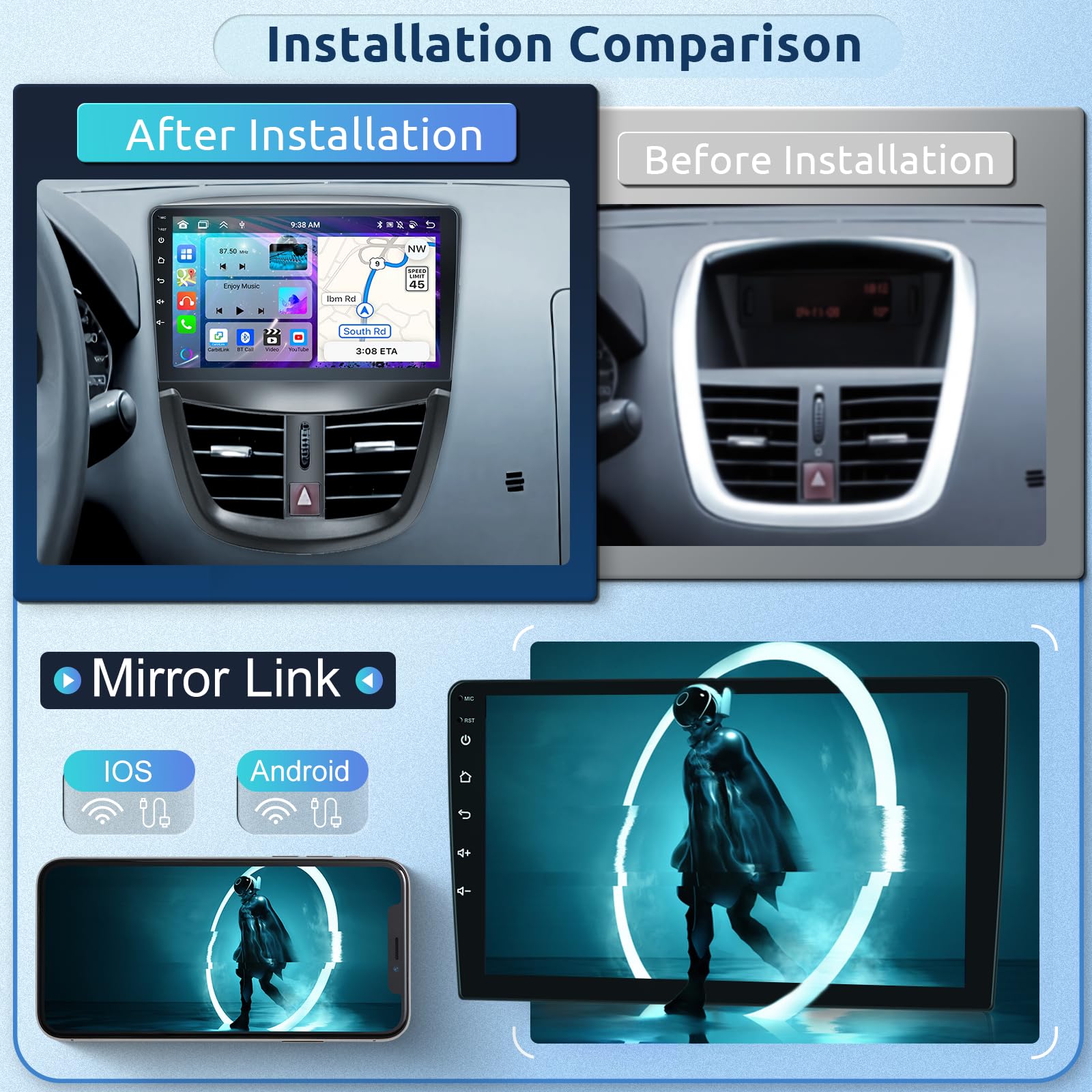 Autoradio Android 13 Pour Peugeot 207 (2006-2015) | Écran 9" HD, 4Go+64Go | CarPlay/Android Auto Sans Fil, GPS, 4G - 7