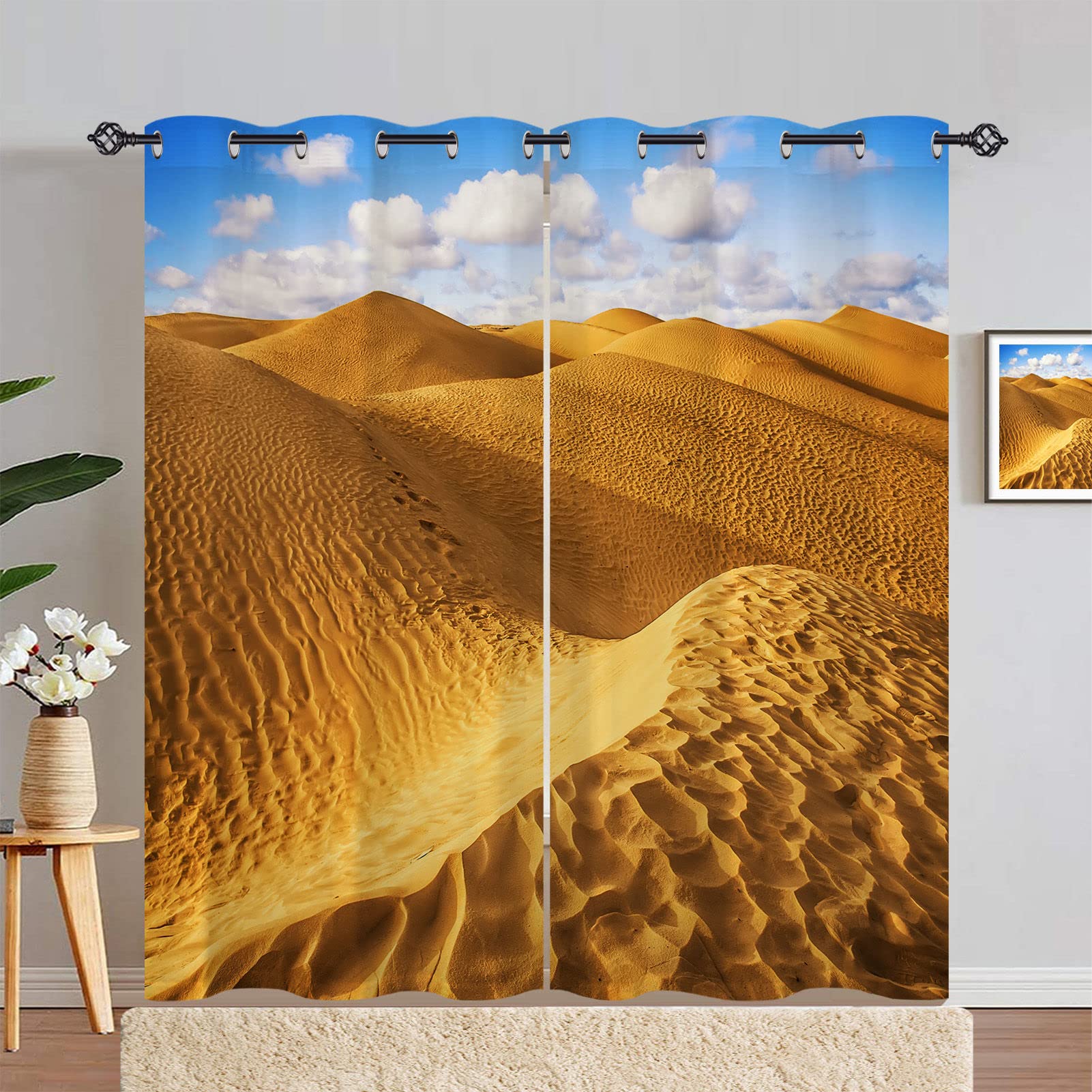 ANHOPE Desert Curtains Eyelet 80% Blackout Room Darkening Curtains with Nature Scenery Yellow Sand Scene Print Pattern Light Blocking Window Drapes for Bedroom Living Room 46 x 72 Inch Drop 2 Panels