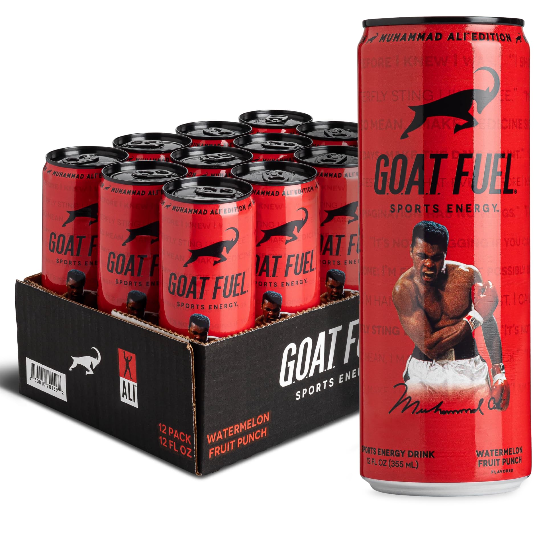 New G.O.A.T. Fuel® Energy Drink - Sugar-Free Pre-Workout Energy- Increase Mental and Physical Performance - With Cordyceps Mushrooms, BCAAs and Electrolytes (Pack of 12) (Watermelon Fruit Punch)