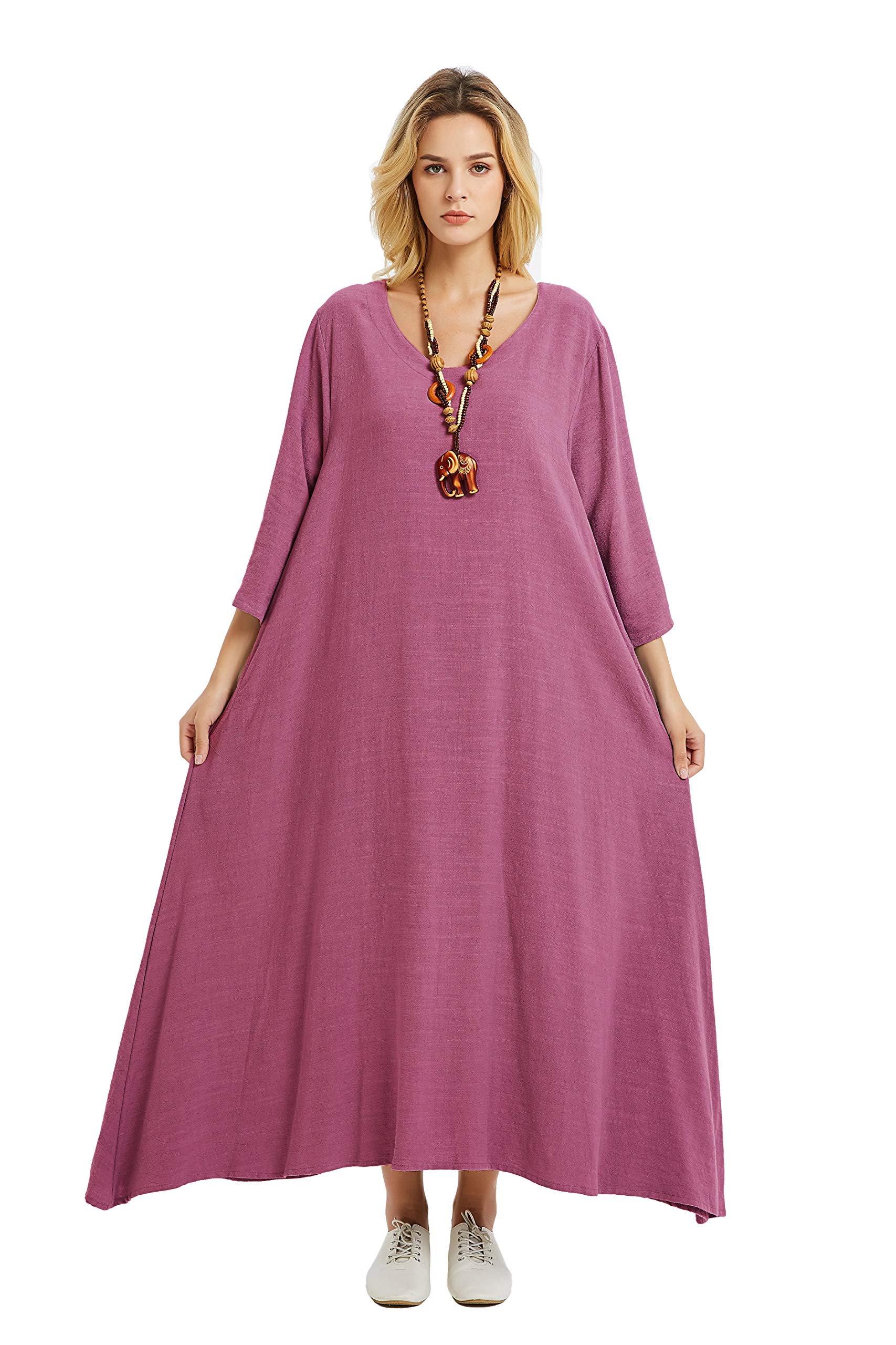 Anysize 3/4 Sleeves Linen Cotton Soft Loose Dress Spring Fall Plus Size Clothing F175A