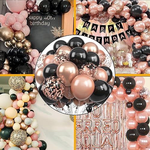 Miniatura 7 de Globos de color oro rosa y negro, 60 piezas de globos de látex de confeti de oro rosa metálico de 12 pulgadas para mujeres y niñas, fiesta de