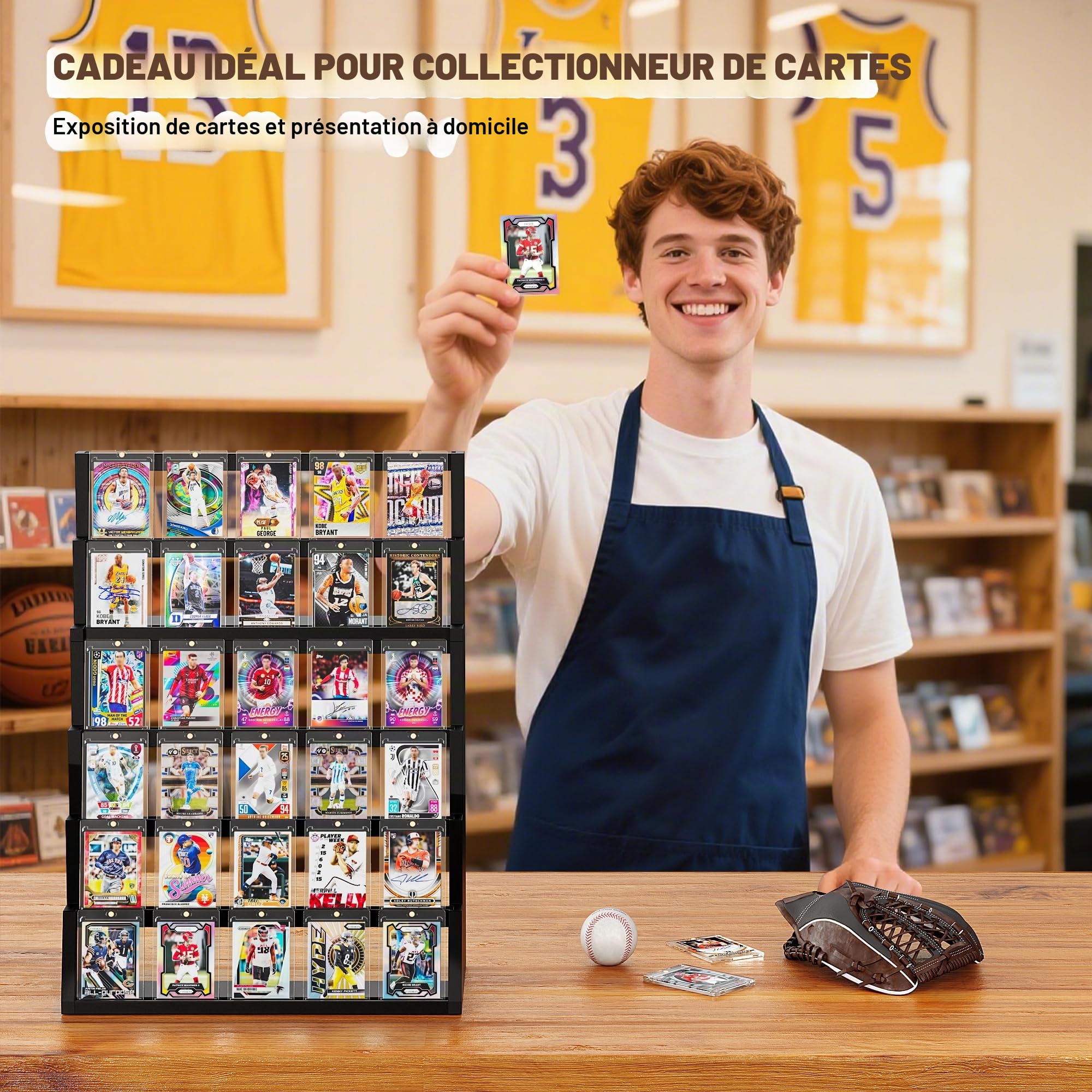 Présentoir à cartes de collection, Support en bois à 6 niveaux pour cartes de collection, Support pour cartes de baseball avec porte-cartes et compartiments réglables pour collectionner et