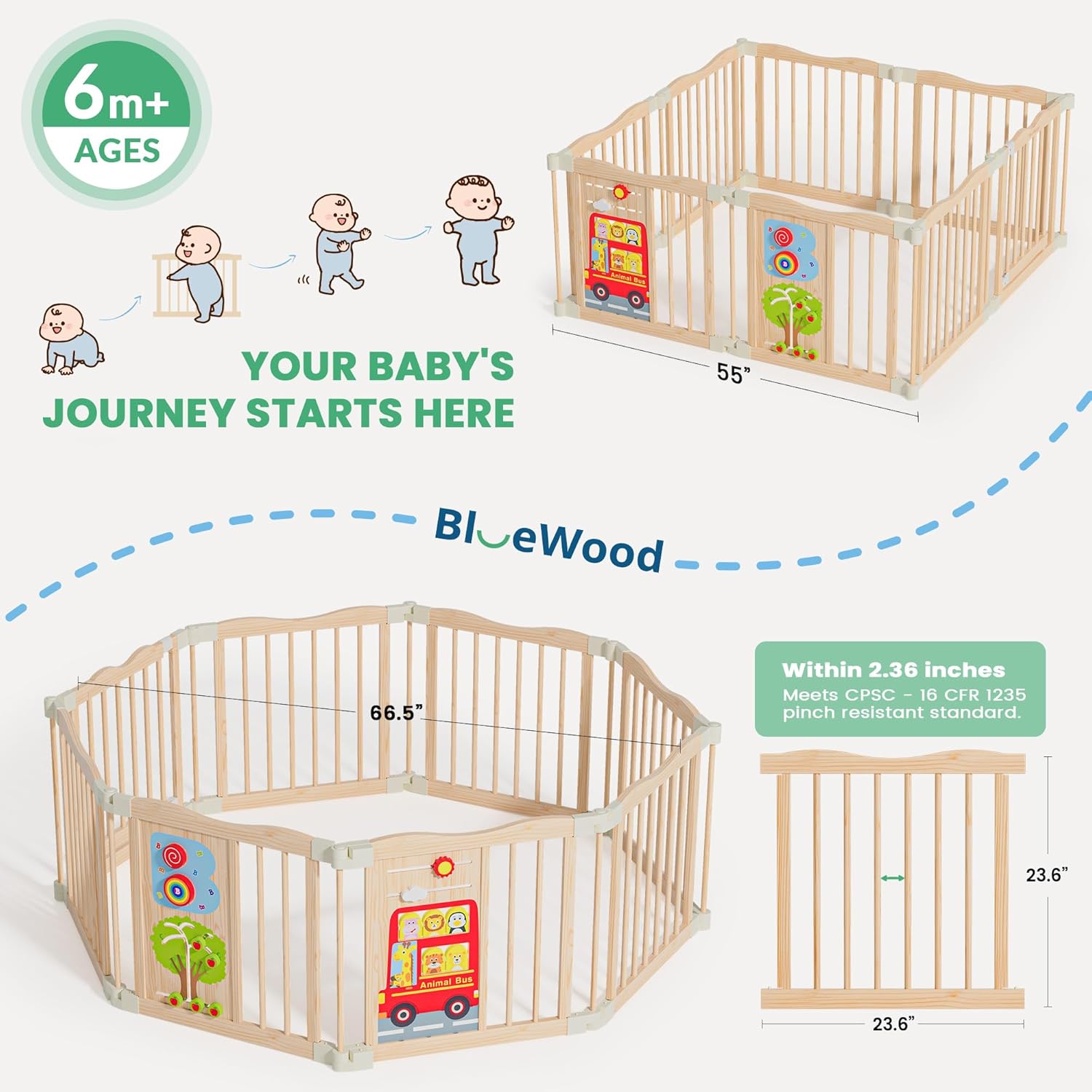 Foldable Wooden Playpen - Adjustable Wood Baby Play Yard with Child-Proof Lock, Indoor Large Safety Fence for Babies and Toddlers - Easy Assembly, 55 x 55 x 24 inches, Natural Animal Bus Natural Animal Print