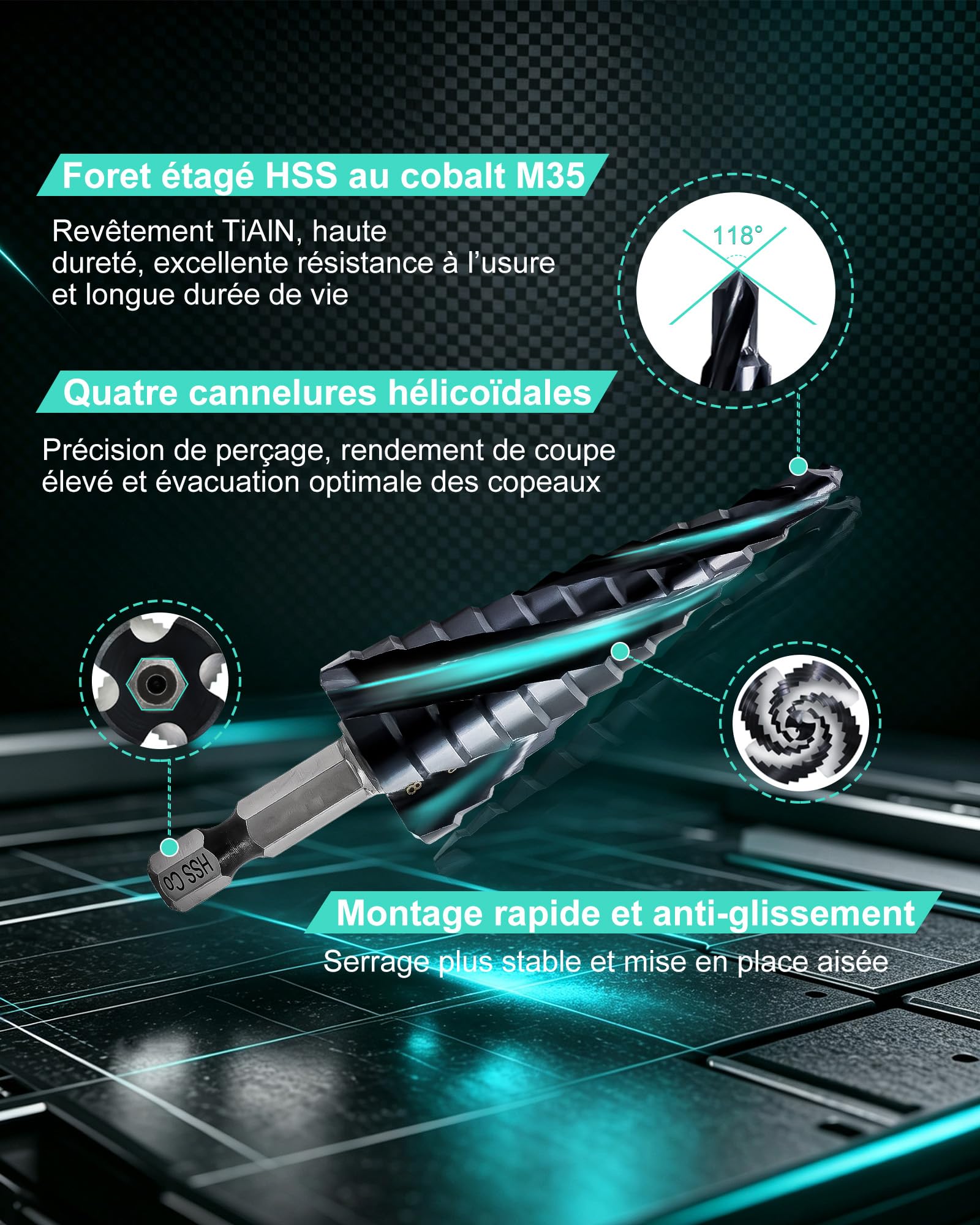 Foret Étagé Metal,Cobalt HSS M35 Ø 4-22 mm avec Revêtement AlTiN et Queue Hexagonale Rapide - Fraise Étagée Multimatériaux (Acier Inoxydable, Métal, Aluminium, Cuivre, Bois, Plastique)