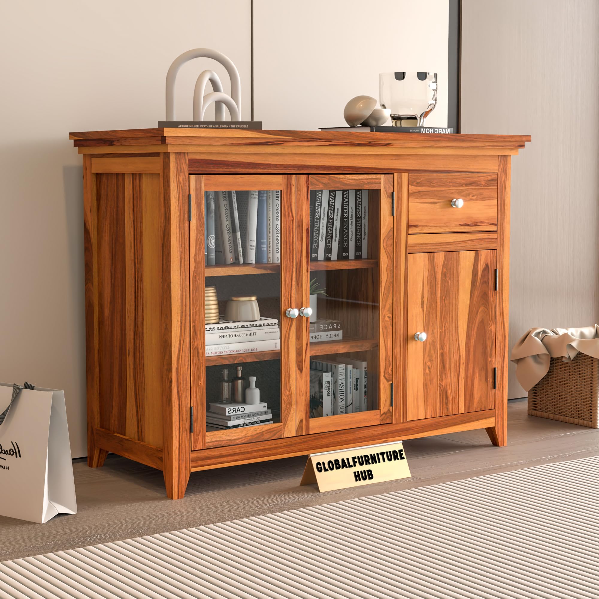 GFH Wood Kitchen Cabinet with Acrylic Glass Door, Storage Cabinet Racks, Home Kitchen Furniture, Crockery Rack, Display Unit, Wooden Chest of Drawers (Natural Finish)