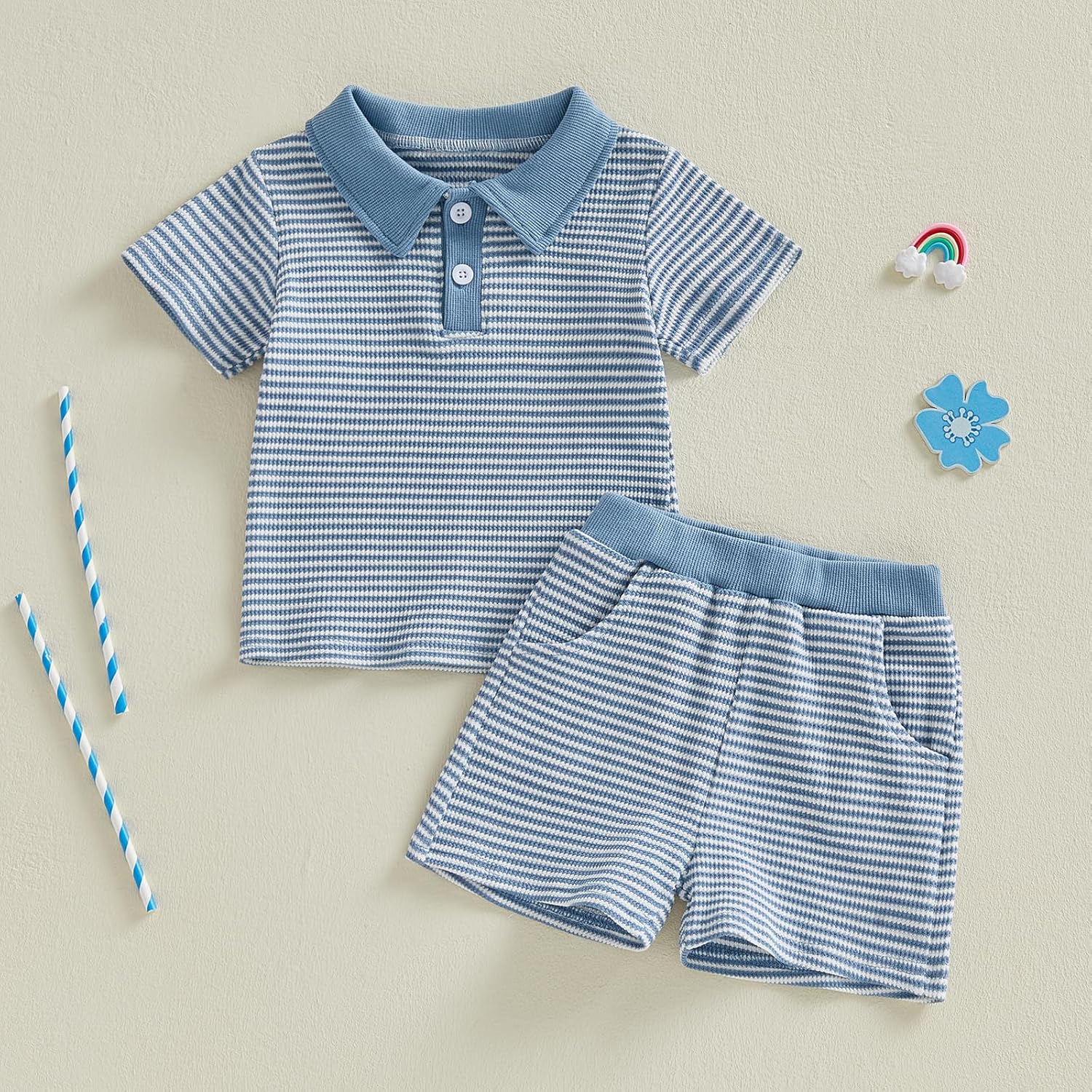 VISGOGO Baby Boy Summer Outfit Striped Short Sleeve T-shirt Toddler Boy Summer Clothes 6 12 18 Months 2 3 4 T Short Set - Image 3