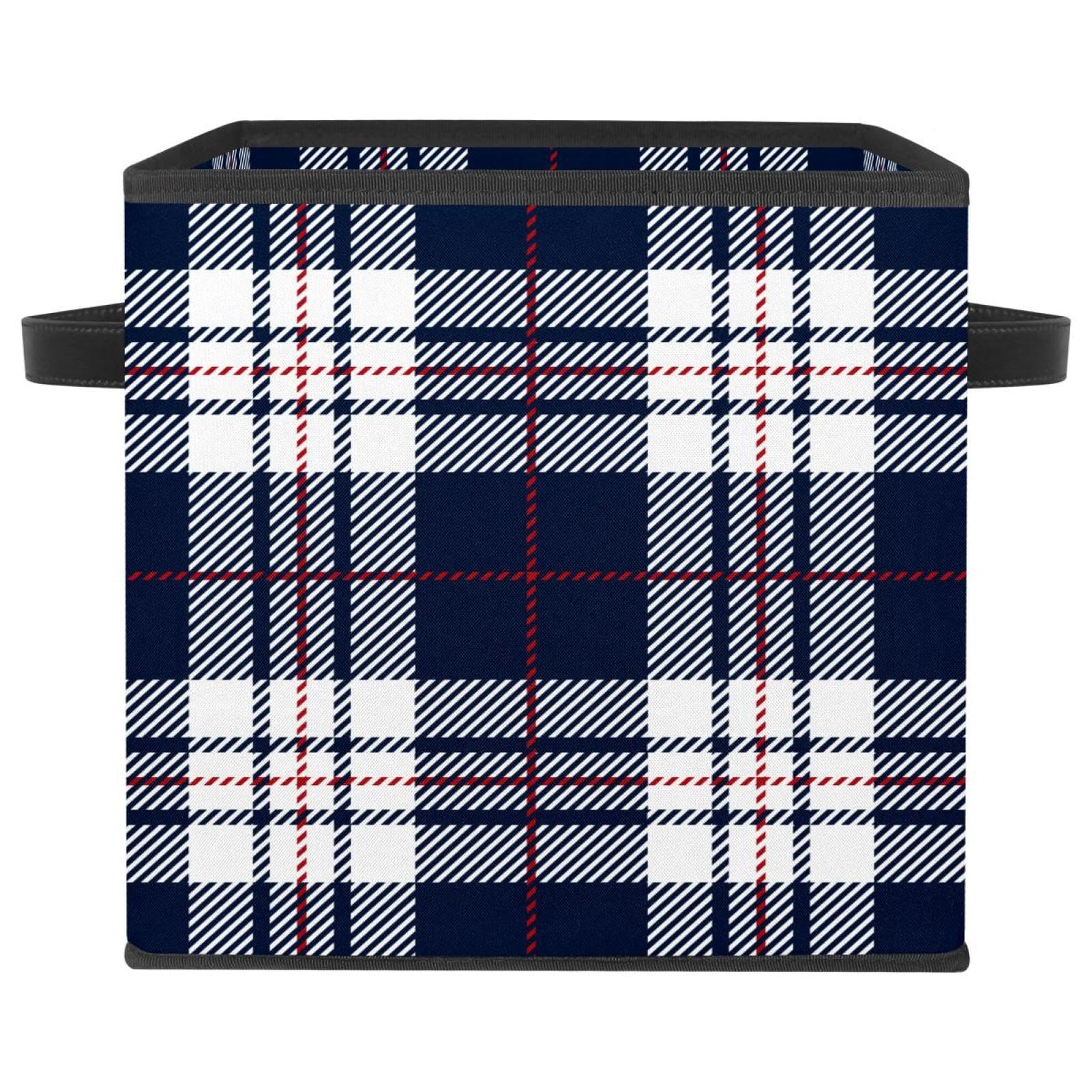 Boîte de rangement pliable tissu motif plaid bleu blanc pour maison