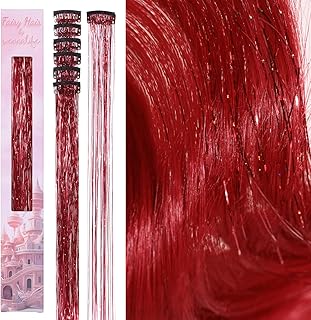 WENNALIFE Hair Tinsel Clip In for Girls Red, 6pcs 24 inch Clips Tinsel Hair Extensions Clip in Colorful Glitter Clips Sparkle Fairy Hair Accessories for Kids