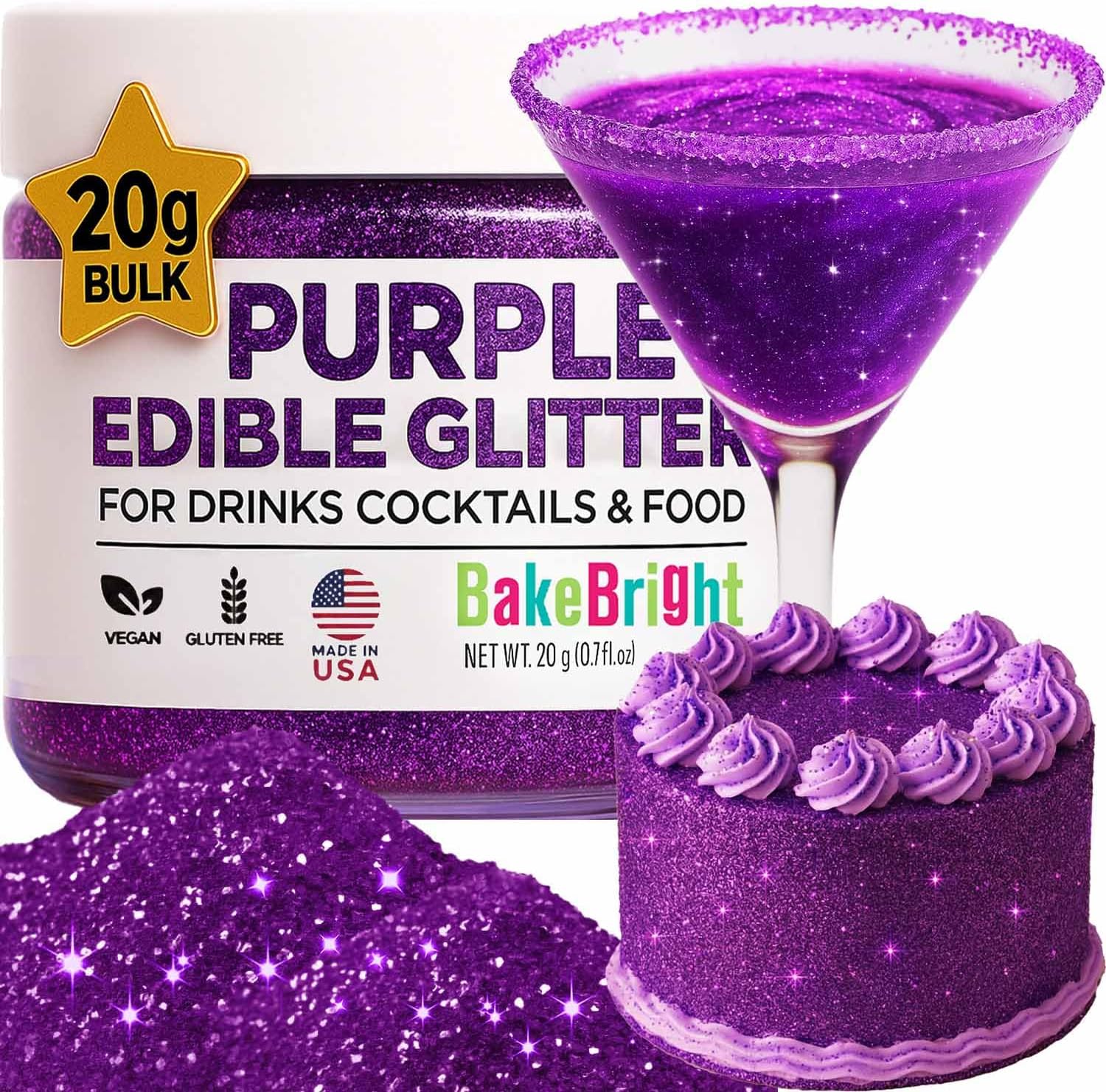 Purple Edible Glitter for Drinks 20g - Purple Edible Glitter for Cakes Cocktails Cake Decoration Sprinkles - Purple Luster Dust for Cocktail & Cake Topper Chocolate Baking Decorating Fondant Cookies - Drink Shimmer Spray - Food Grade Vegan, Kosher, Halal, Gluten Free - Made in USA