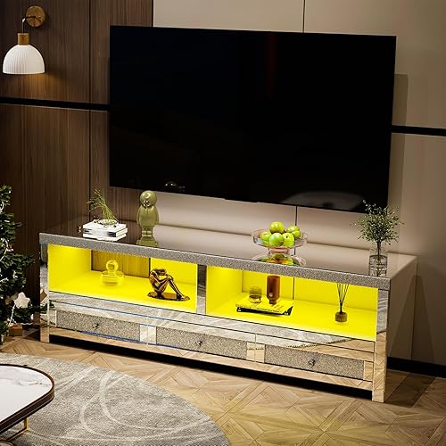 Miniatura 3 de COSVALVE Soporte de TV plateado con espejo para televisores de hasta 65 pulgadas, soporte de TV LED, centro de entretenimiento moderno con cajones y