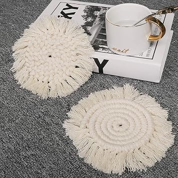 2 Pack Macrame Handmade Cotton Coasters - Elegant and Absorbent 7.4-inch Round Woven Boho Coaster Set with Fringe Tassels for Drinks and Mugs, Spiral Weave(Beige)