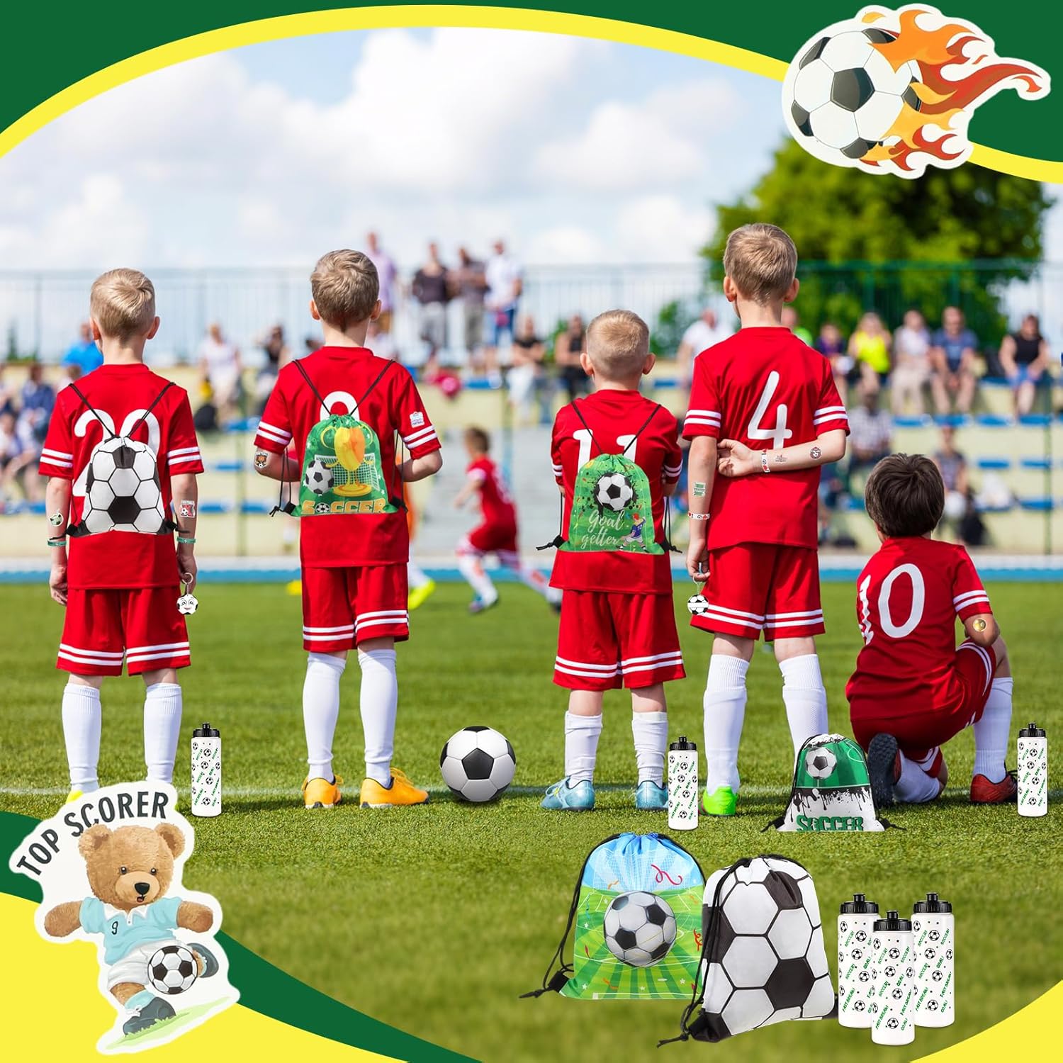 Maxdot 81 Pcs Soccer Party Favors Set Water Bottle Drawstring Bags Acrylic Keychain Knotted Bracelet 50 Stickers Oil Pen Sports Favors for Team Gifts Party Supplies - Image 7