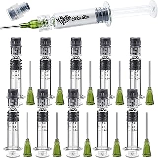 TFE 10 Pack Borosilicate Glass Luer Lock Syringe 1ml Capacity Reusable Glass Syringes - Use for Arts and Crafts, Thick Liquids, Oils, Vet, Glue, Lab, Ink with 14GA Blunt Tip Pet Safe Needles
