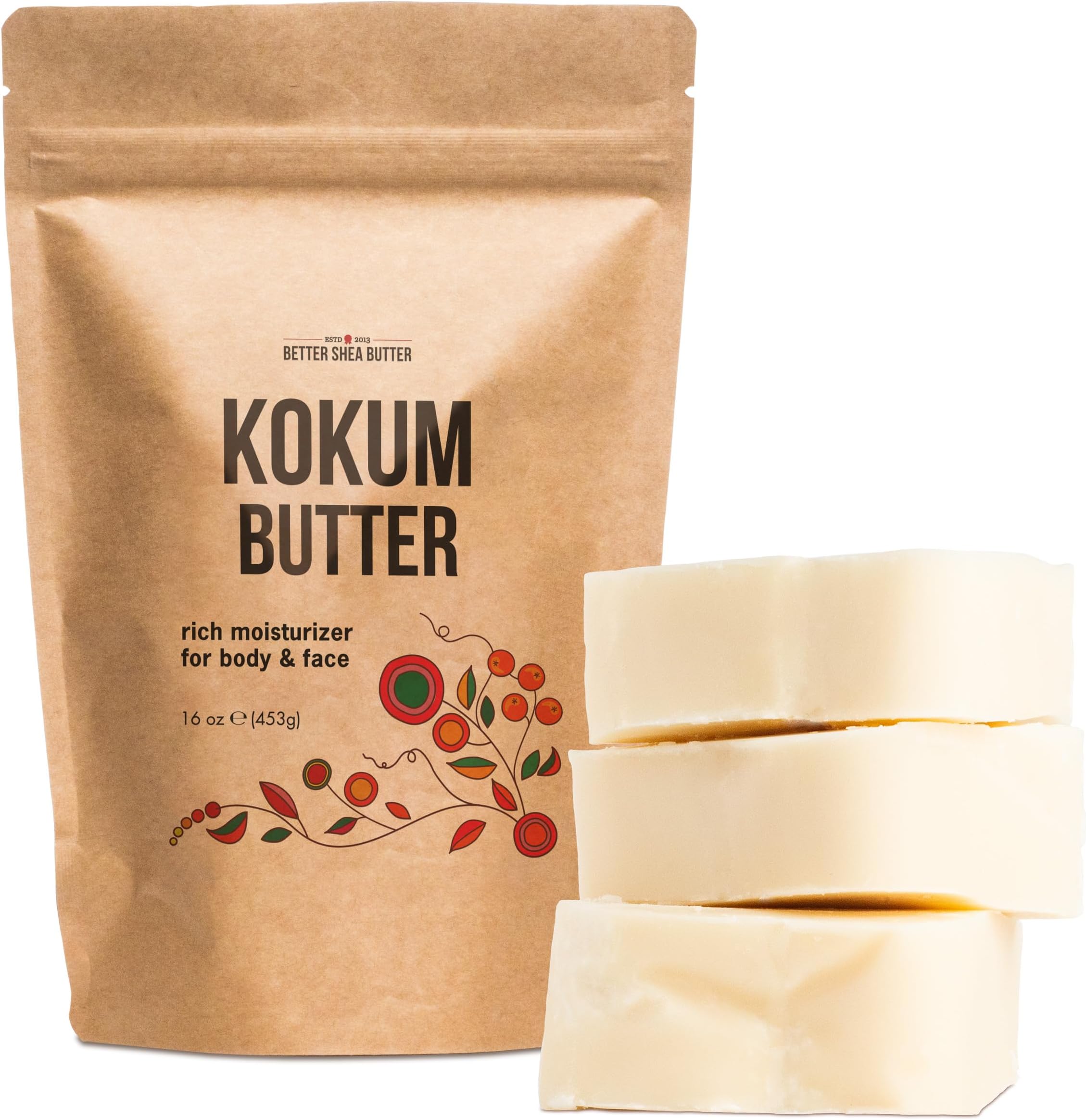 Better Shea Butter Kokum Butter | Raw, Unrefined | For Soap Making and DIY Skin and Hair Products | Pure, Unscented Butter for Lotion Base | 1 lb block