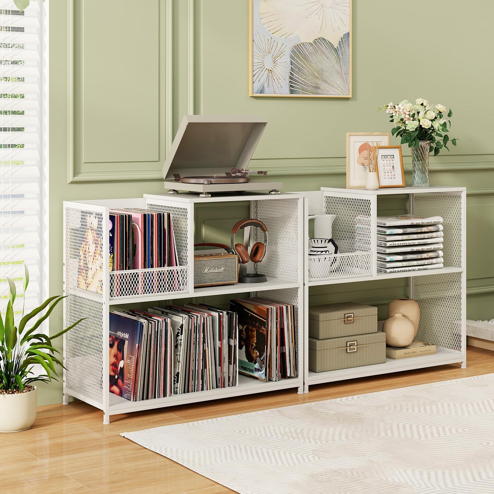 GIANTEX Supporto per giradischi a 3 livelli, espositore a disco in vinile per 300 album, 3 divisori rimovibili, organizer per album, telaio in metallo, libreria per soggiorno, studio, ufficio (bianco)