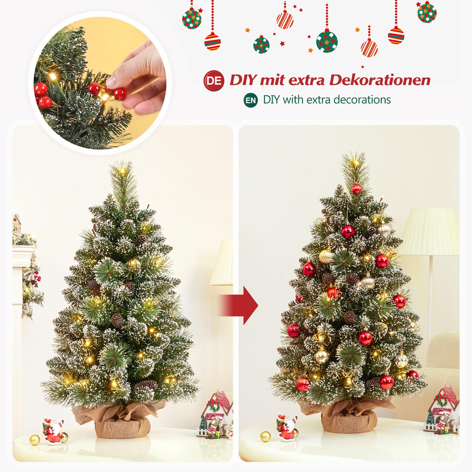 Yorbay Mini Albero di Natale con Illuminazione a LED, 70 cm, con Punta Dell'albero a Stella e Pigne in Vero Pino, Decorazione Natalizia, Avvento (70 cm con Telecomando)