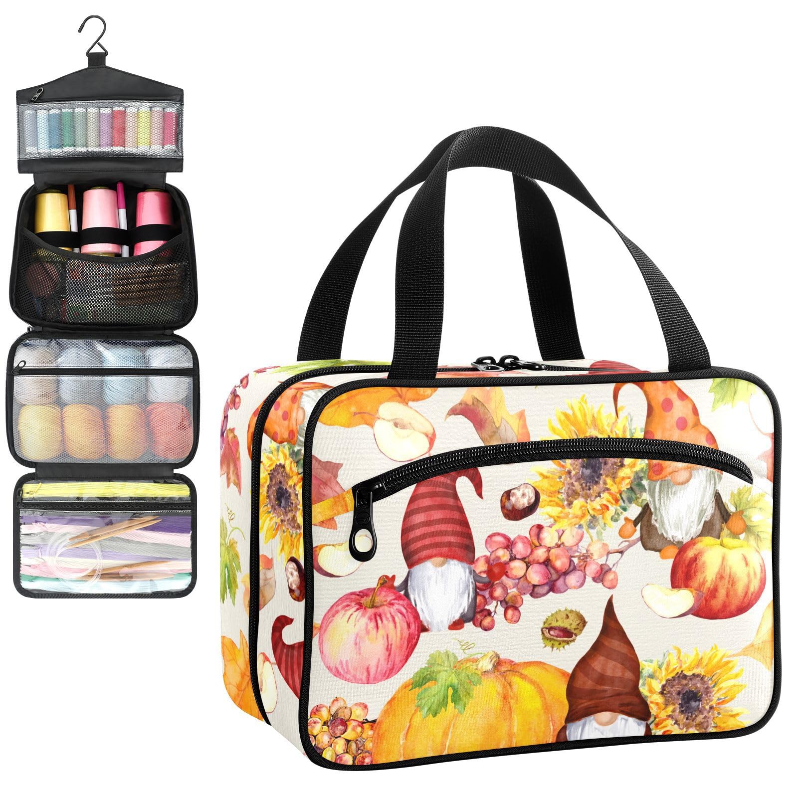 YNNALE Sewing Supply Organizer Bag, Fall Harvest Gnome Pumpkin Sunflower Marple Leaf Portable Sewing Bags with Pockets&Hanger, Sewing Storage Box Case for Sew Supplies/Kit/Tools/Accessories (BAG ONLY)