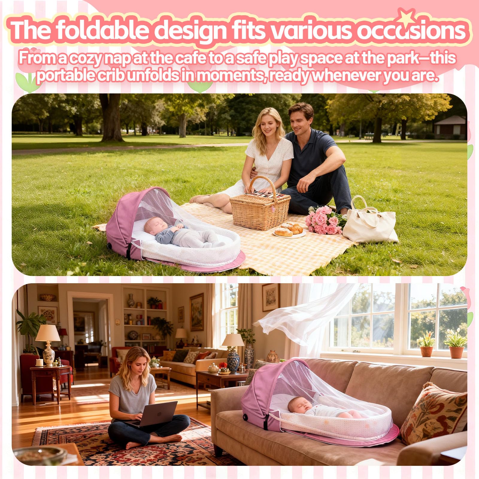 Baby Nest,Baby Bettchen Nest, atmungsaktiver Babylounger,Portable Baby Reisebett mit Moskitohaube – Inklusive Matratze & Tragetasche – Leicht & Kompakt (Rosa)