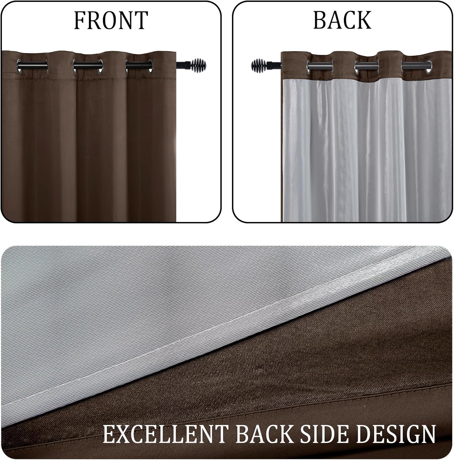 DWCN 100% Brown Blackout Curtains 45 Inches Long with Black Liner, Double Layer Thermal Insulated Privacy Protection Noise Blocking Window Drapes with Tiebacks for Small Window, W42 x L45, 2 Panels