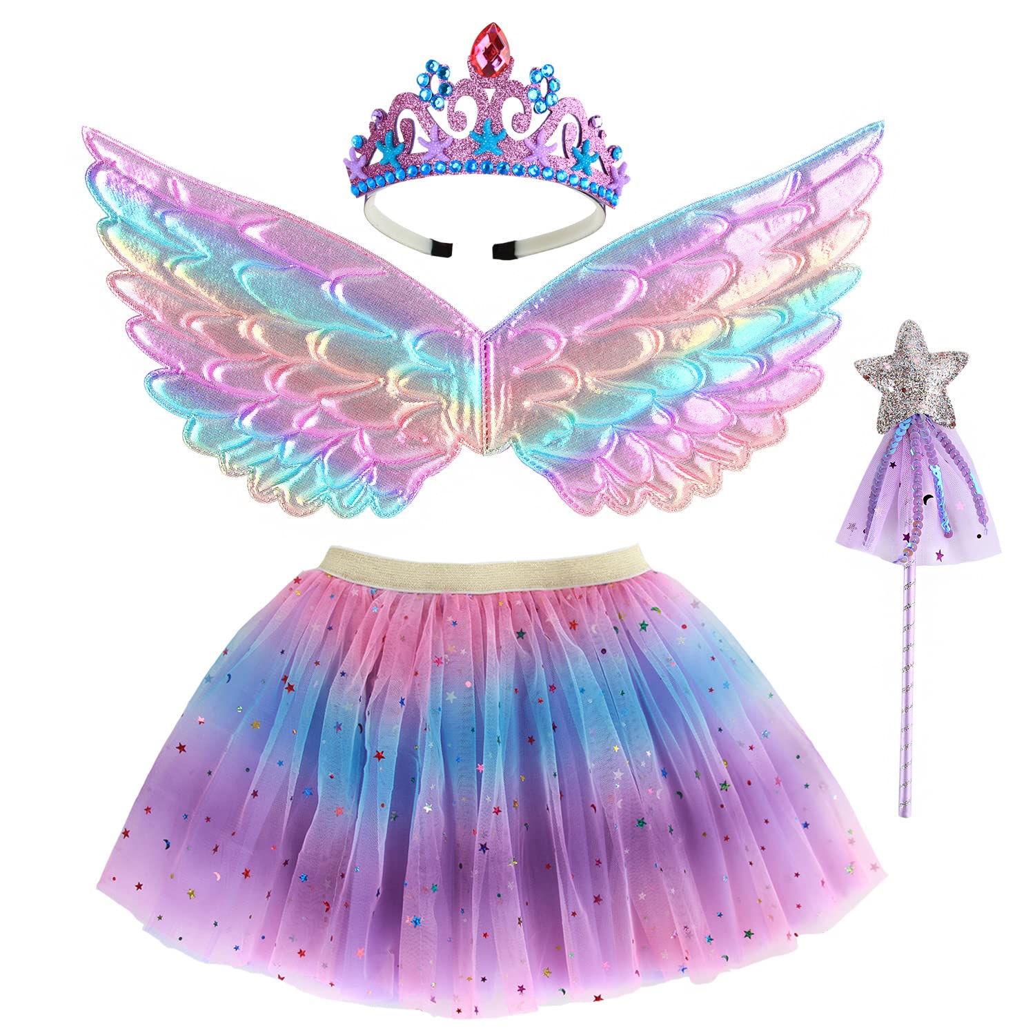 M MUNCASO Ragazze Fata Costume Fancy Dress Up Set di costumi da farfalla Principessa Abito Set di costumi in tulle con ali di farfalla, bacchetta magica e set di cerchietti per bambine 3-8 anni