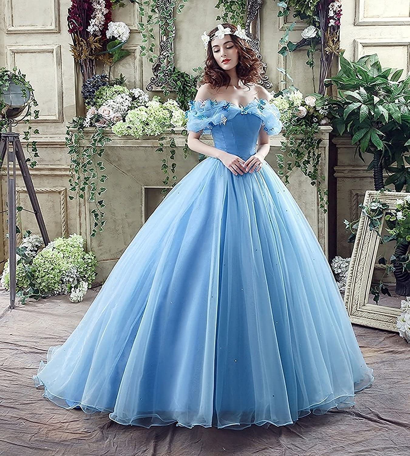 Abito da Cenerentola Abito da Ballo Abito da Principessa Abito Cosplay Via dalla Spalla Abito da Ballo in Tulle Abiti Quinceanera Vestito con Farfalla