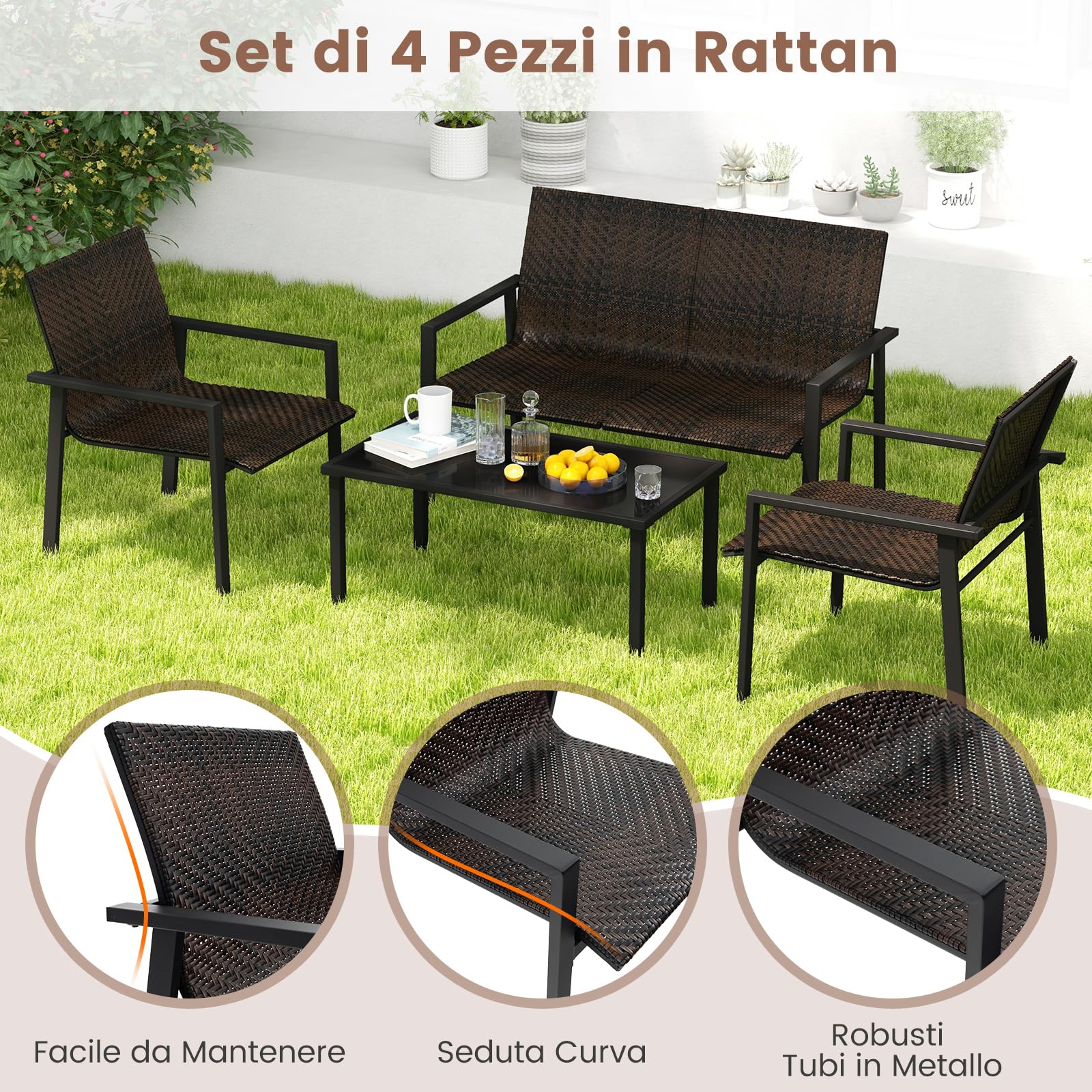 COSTWAY 4 Pezzi Set di Mobili da Giardino, Set di Tavolo e Sedie da Esterno in Intrecciato di Vimini, Set Salotto da Giardino per Balcone Giardino Terrazzo (Marrone)