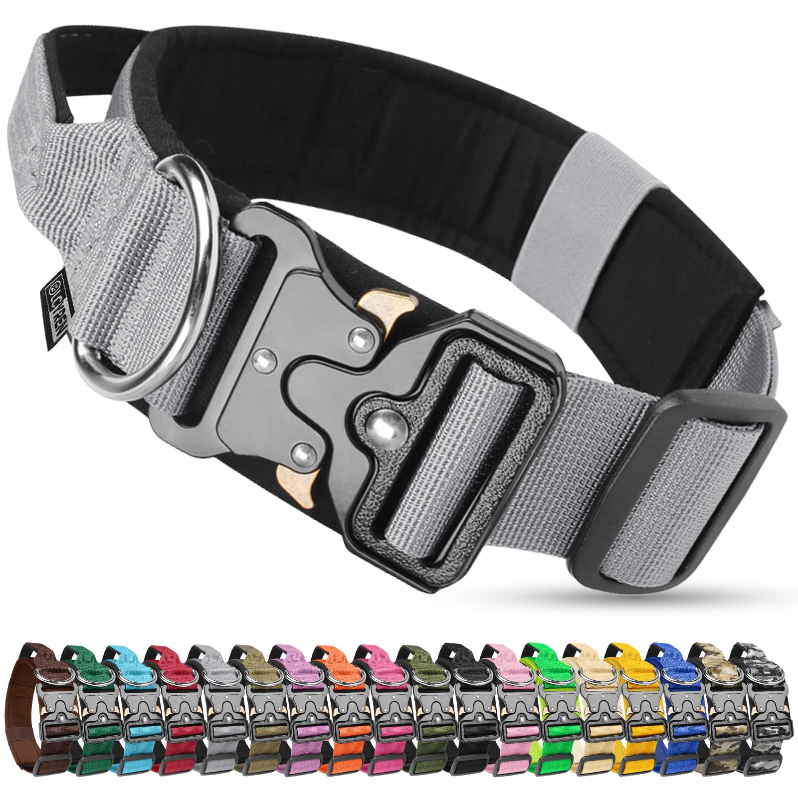Olcyren Tactical Dog Collar, Military Nylon Adjustable Dog Collar with Handle, Soft Padded Comfortable Pet Collars with Heavy Duty Metal Buckle for Medium Large Dogs Training and Walking (Grey, XL)
