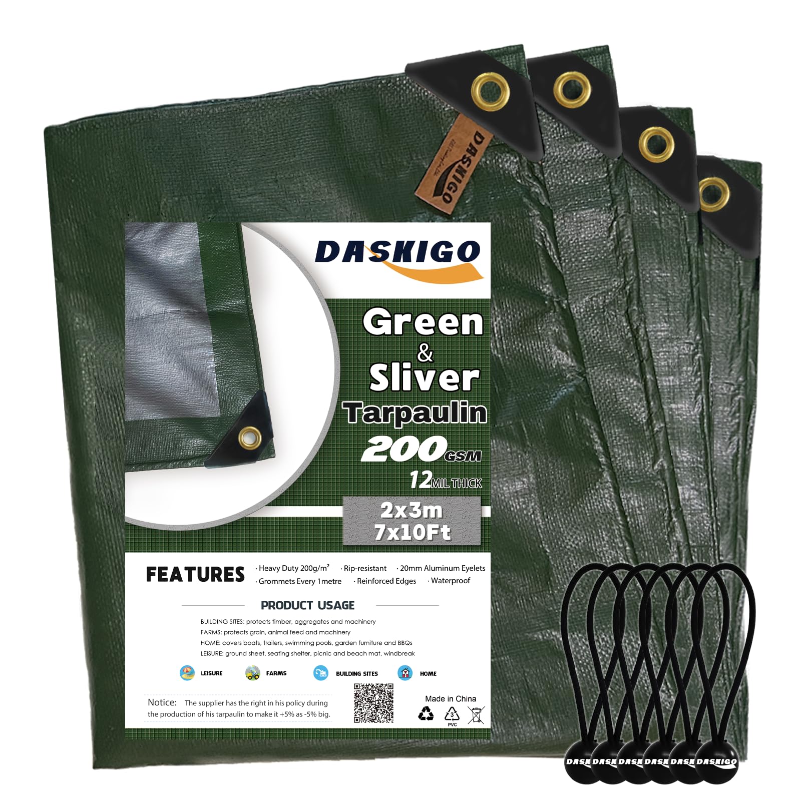 Bâche imperméable 2x3 m 200g toile de protection extérieure avec sandows