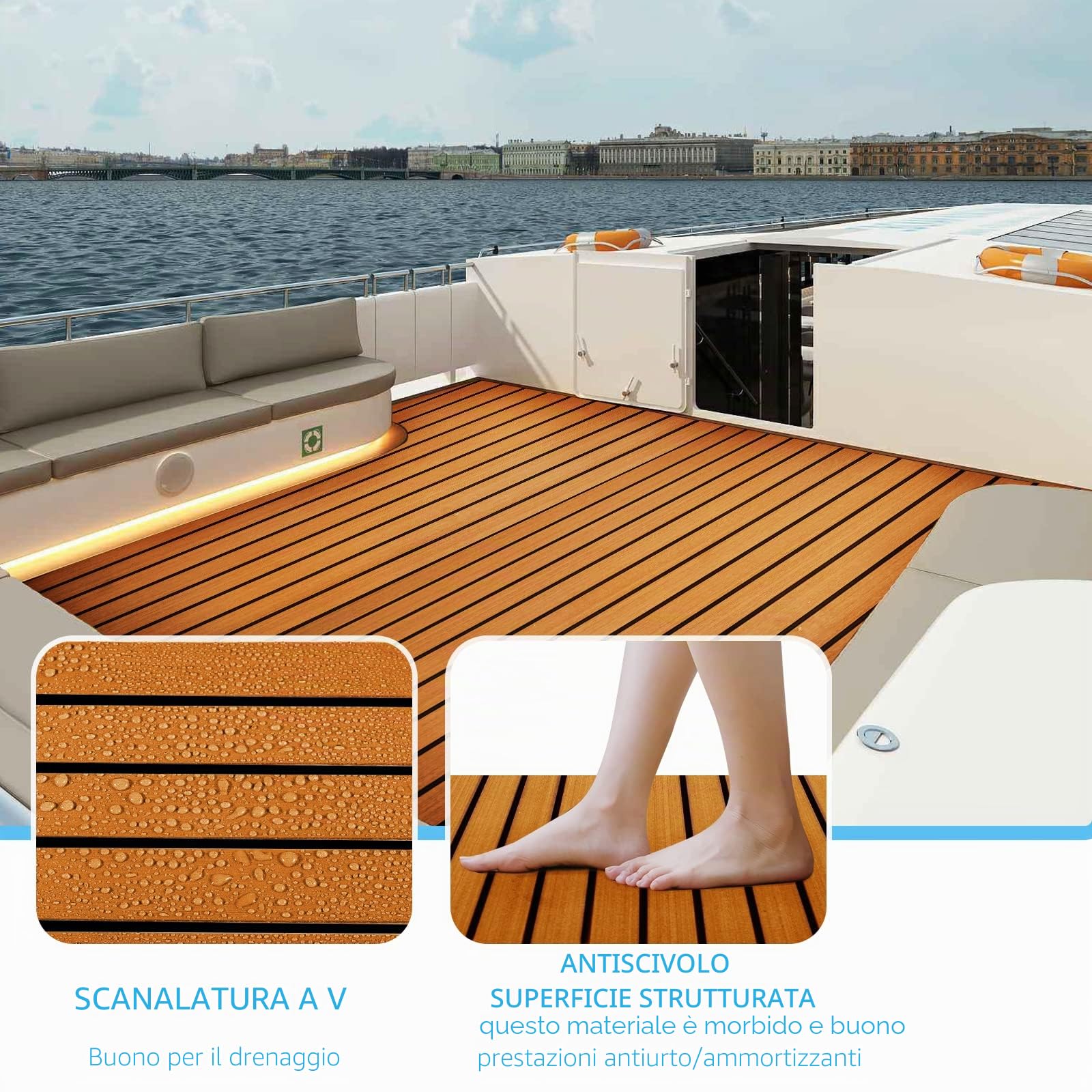 Schiuma Eva Tappetino Marino Barche in Teak Sintetico (240cm × 90cm), Tappetino Antiscivolo in Eva Adatto per la Decorazione di Barche, Marittimi, Kayak
