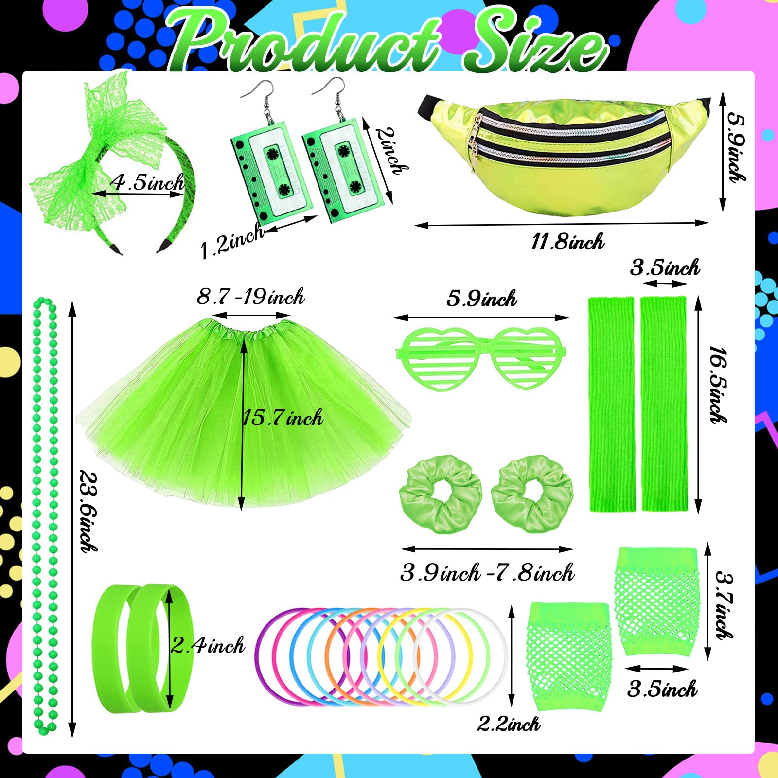 80s Costume Outfits Accessories Set for Girls, 1980s Fancy Dress Party Kits with T-shirt Tutu Bumbag Headband Earring Necklace Fishnet Gloves Leg Warmers Glasses Bracelet Scrunchies for Women Dress up - Image 2