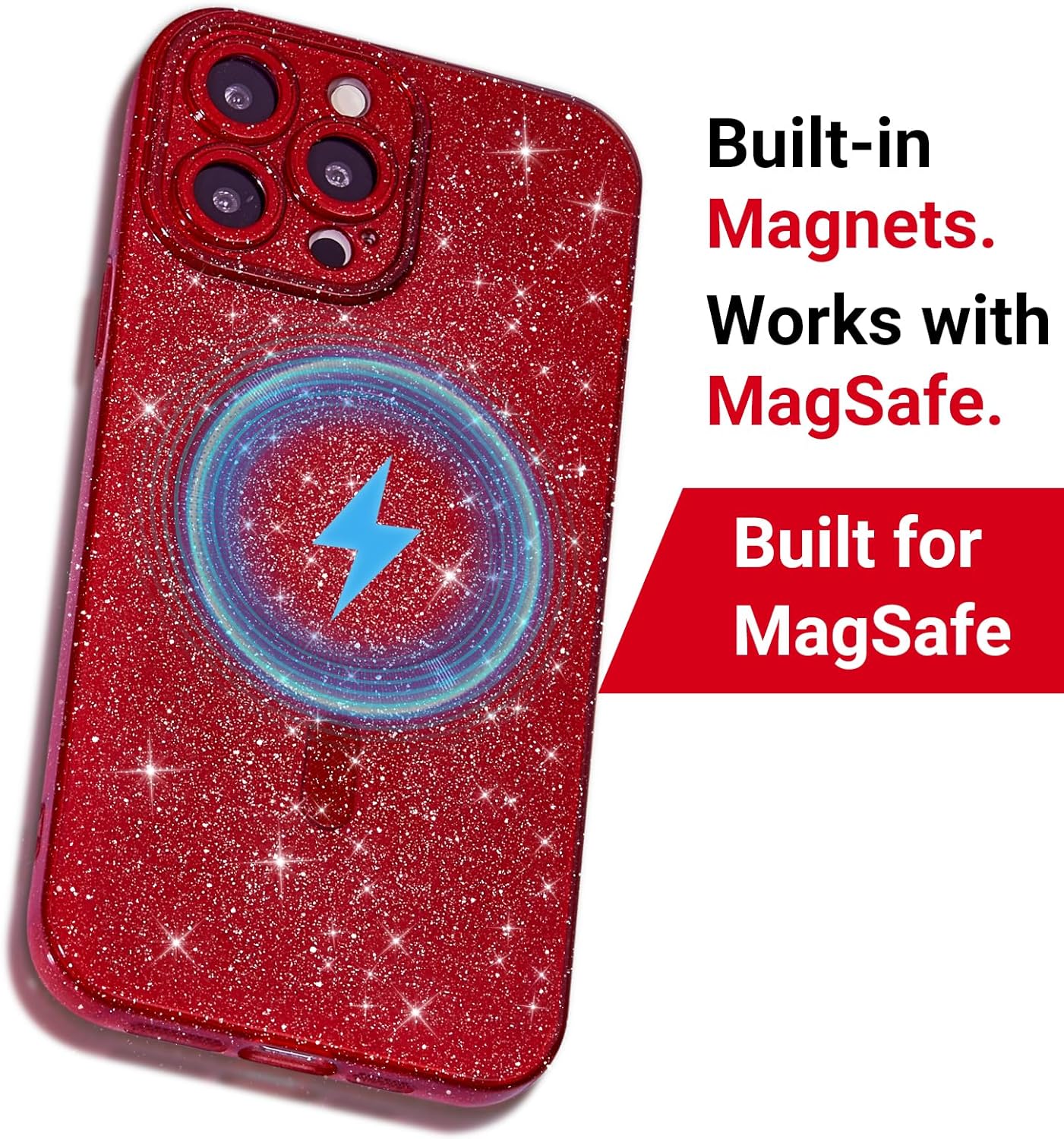 for iPhone 16 Pro Max Case Glitter Compatible with Magsafe, Girly Cute Sparkly Magnetic Mag Safe Pretty Phone Case for Women, Bedazzled Bling Sparkle Slim Bright Silicone Rubber, Red Wine - Image 3